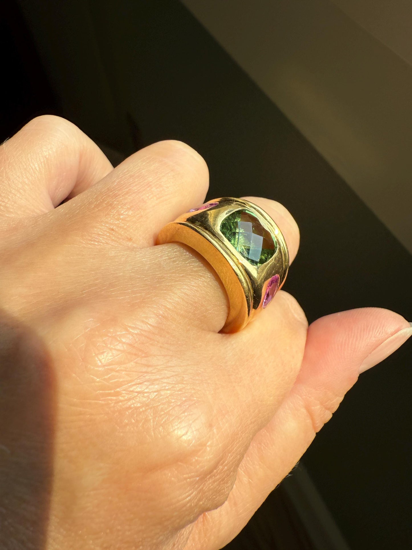 MEGA Green Tourmaline & Pink Sapphire Three Stone Ring HEAVY 20g 18k Gold Solid French Vintage Chunky Stacker Discoball Wide Band Color