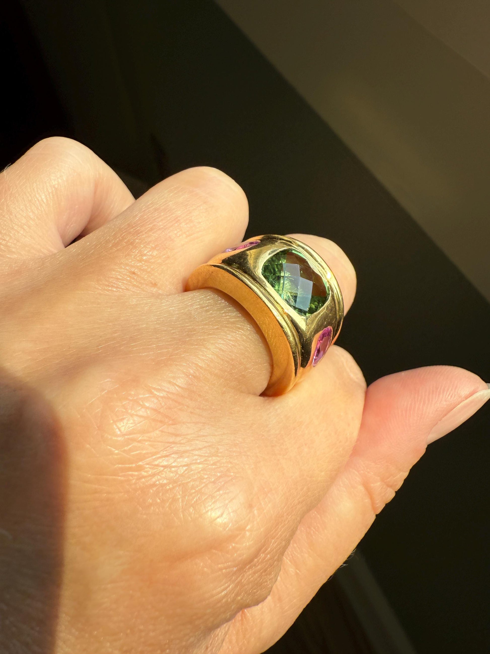 MEGA Green Tourmaline & Pink Sapphire Three Stone Ring HEAVY 20g 18k Gold Solid French Vintage Chunky Stacker Discoball Wide Band Color