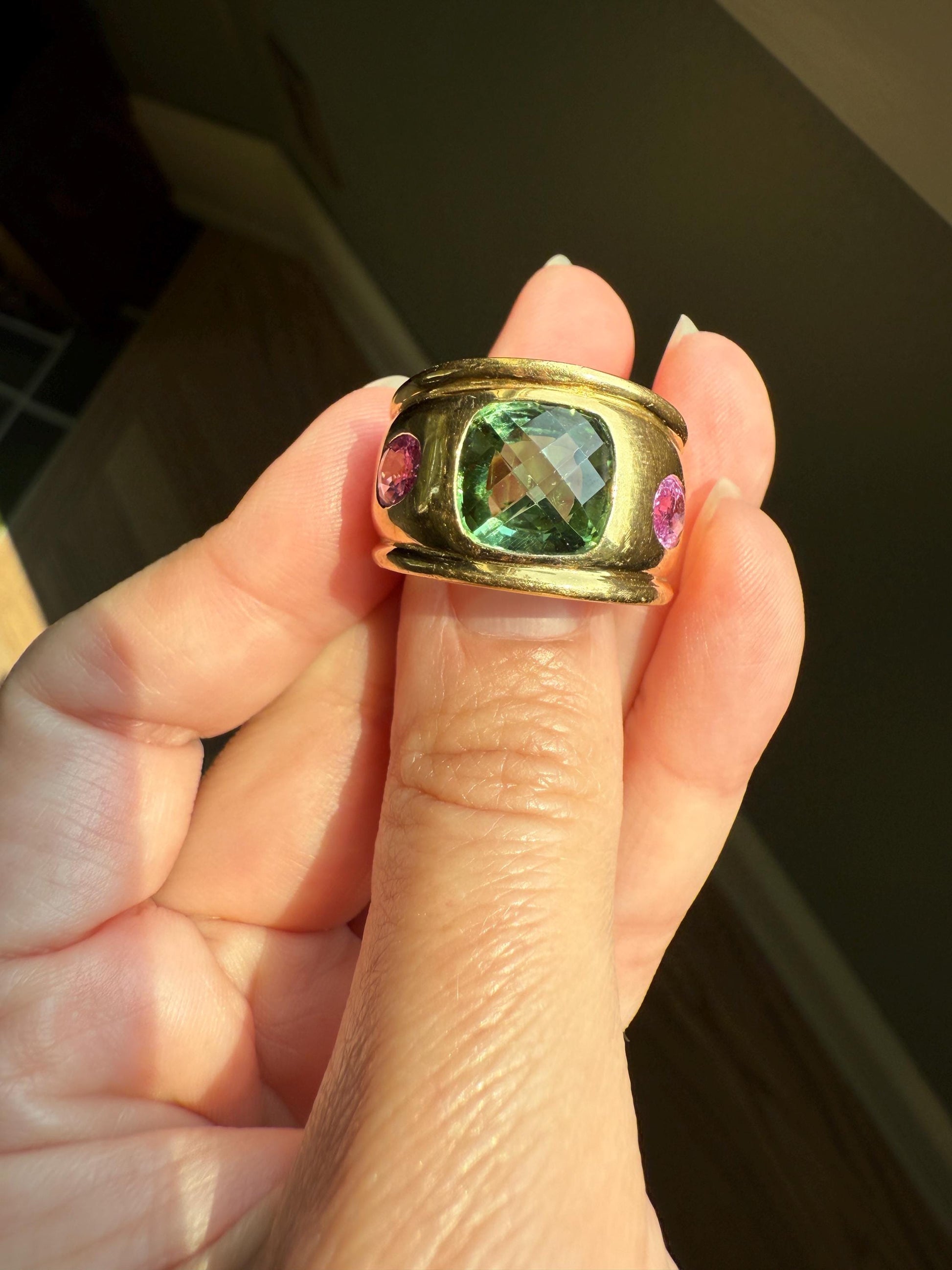 MEGA Green Tourmaline & Pink Sapphire Three Stone Ring HEAVY 20g 18k Gold Solid French Vintage Chunky Stacker Discoball Wide Band Color