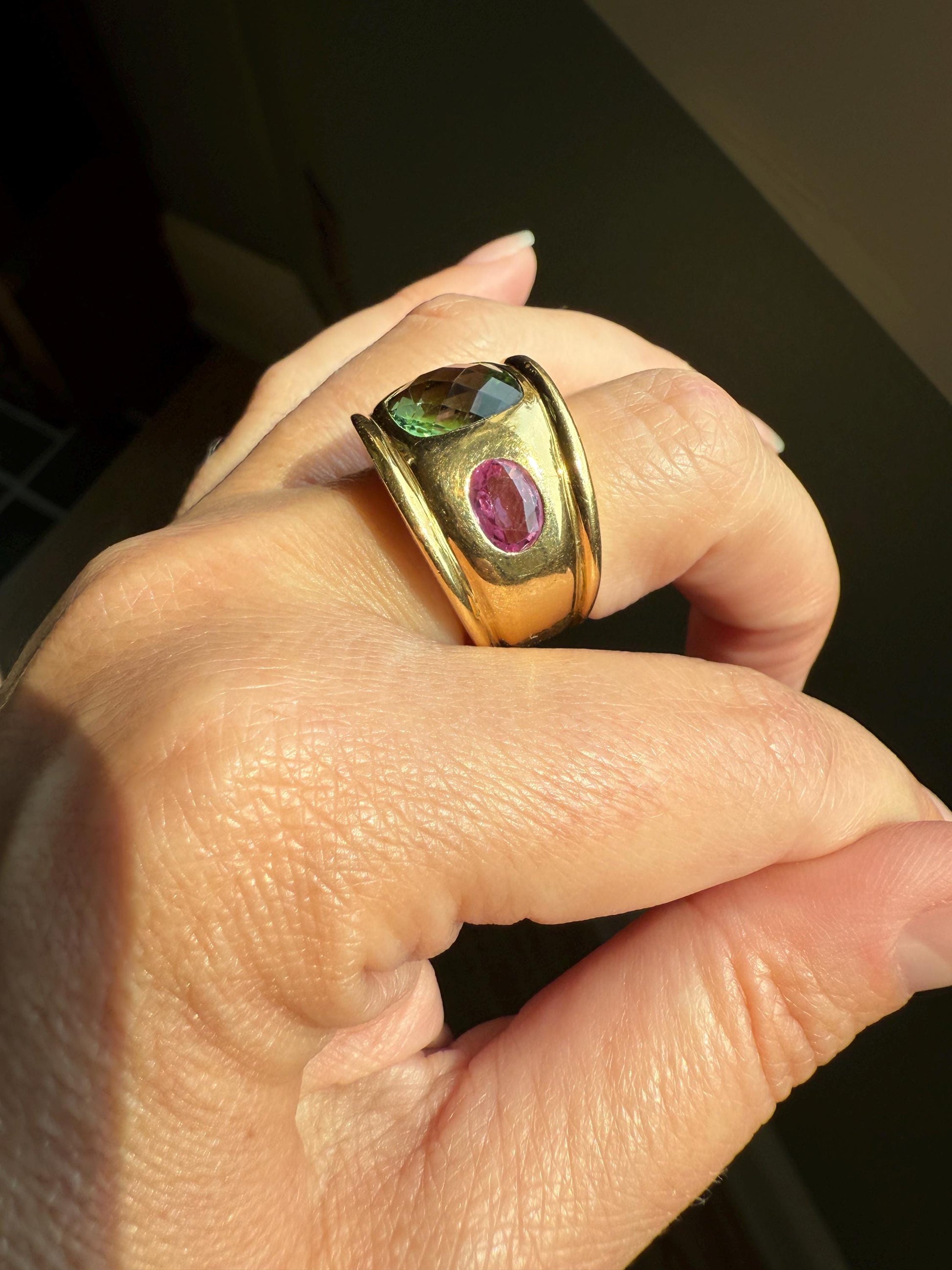 MEGA Green Tourmaline & Pink Sapphire Three Stone Ring HEAVY 20g 18k Gold Solid French Vintage Chunky Stacker Discoball Wide Band Color