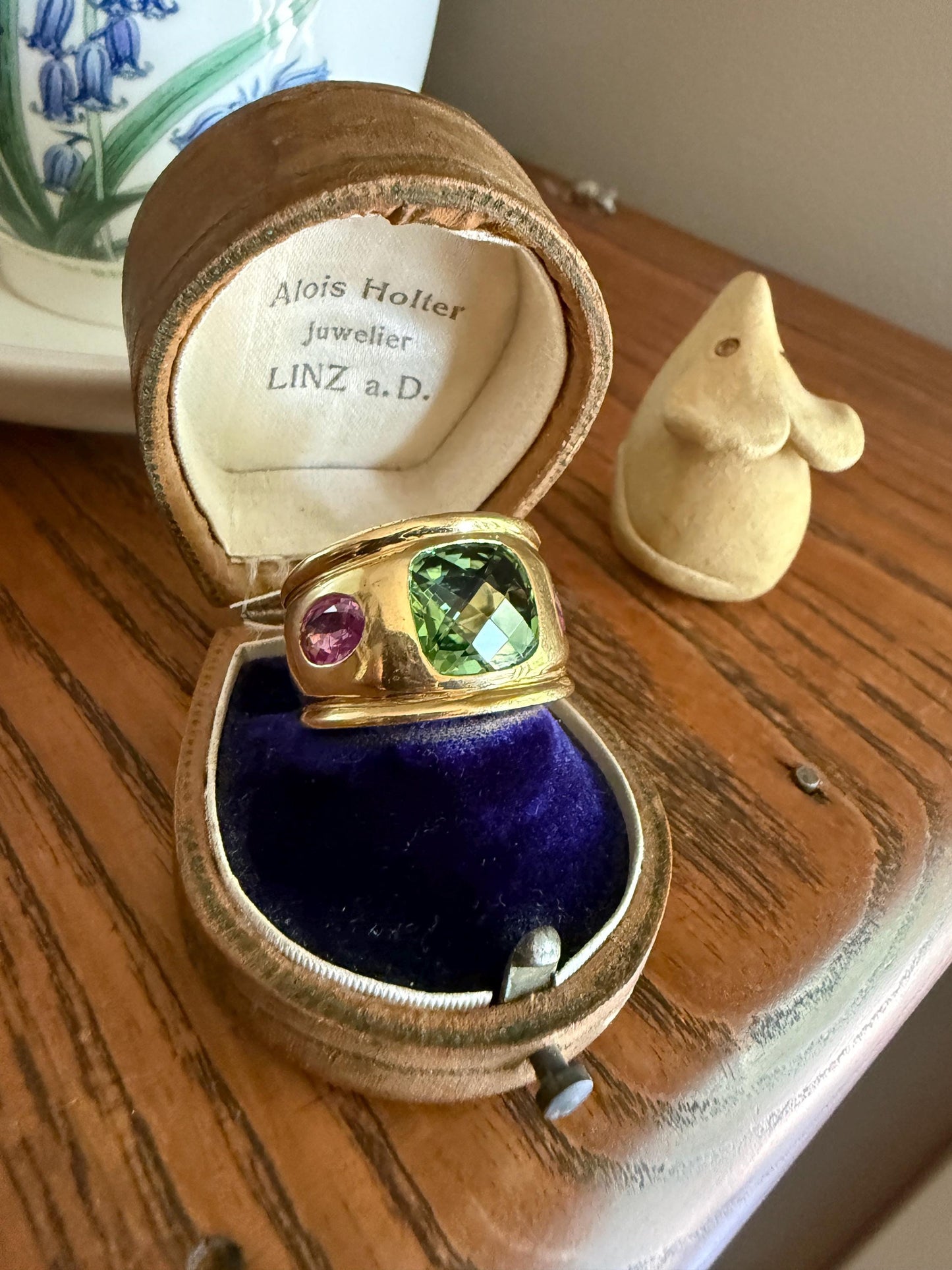 MEGA Green Tourmaline & Pink Sapphire Three Stone Ring HEAVY 20g 18k Gold Solid French Vintage Chunky Stacker Discoball Wide Band Color