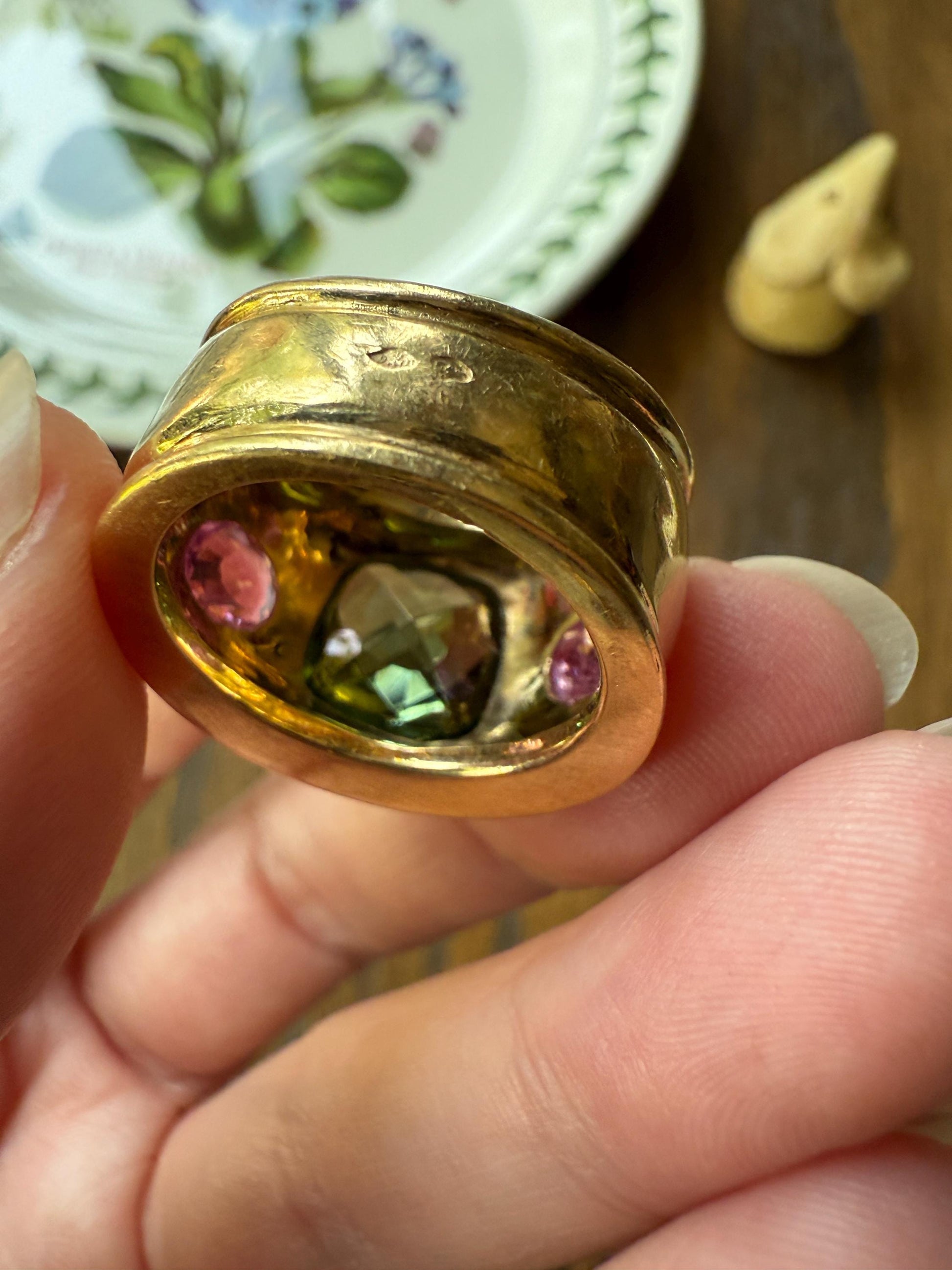 MEGA Green Tourmaline & Pink Sapphire Three Stone Ring HEAVY 20g 18k Gold Solid French Vintage Chunky Stacker Discoball Wide Band Color