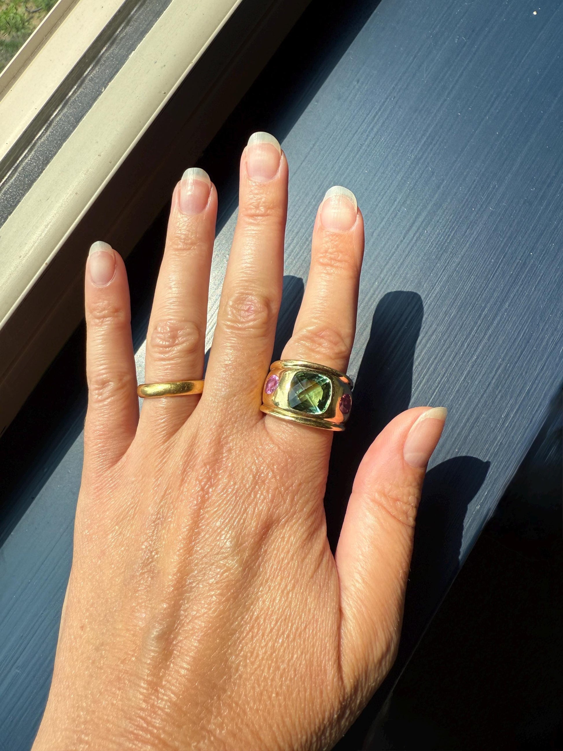 MEGA Green Tourmaline & Pink Sapphire Three Stone Ring HEAVY 20g 18k Gold Solid French Vintage Chunky Stacker Discoball Wide Band Color