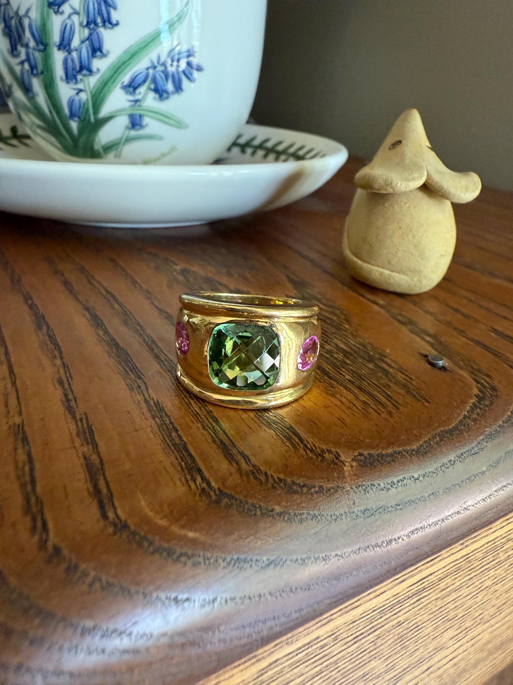 MEGA Green Tourmaline & Pink Sapphire Three Stone Ring HEAVY 20g 18k Gold Solid French Vintage Chunky Stacker Discoball Wide Band Color