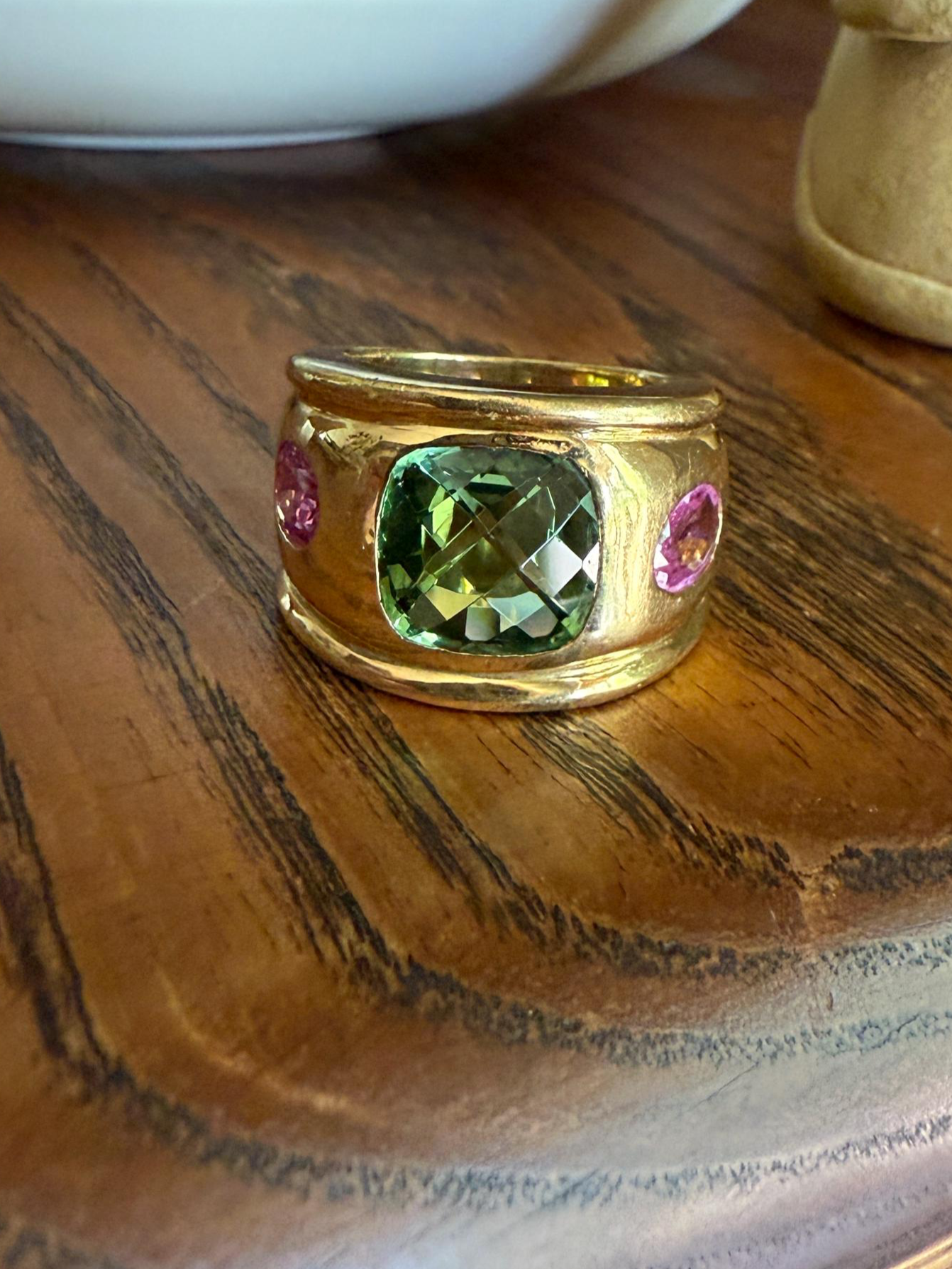 MEGA Green Tourmaline & Pink Sapphire Three Stone Ring HEAVY 20g 18k Gold Solid French Vintage Chunky Stacker Discoball Wide Band Color