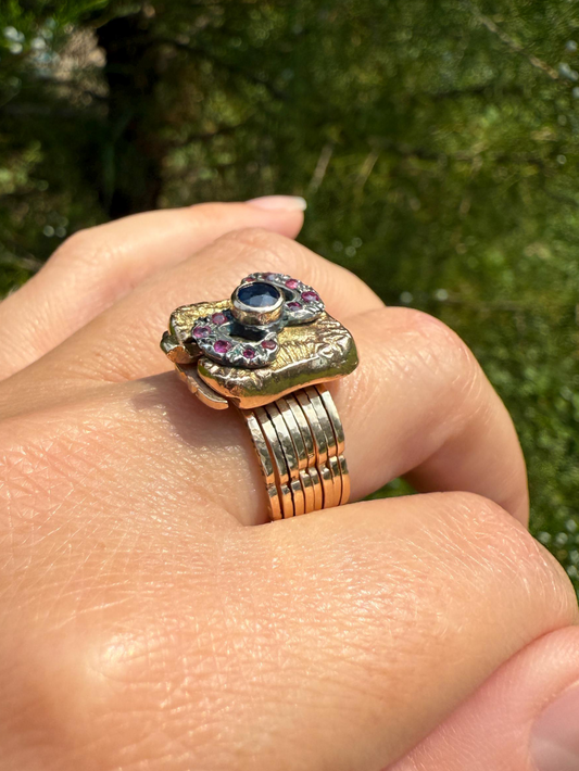 RARE 2 for 1 Convertible RING to BRACELET Surprise Antique Sapphire Ruby Bow 9k Gold Silver Top Clasp Expandable Secret