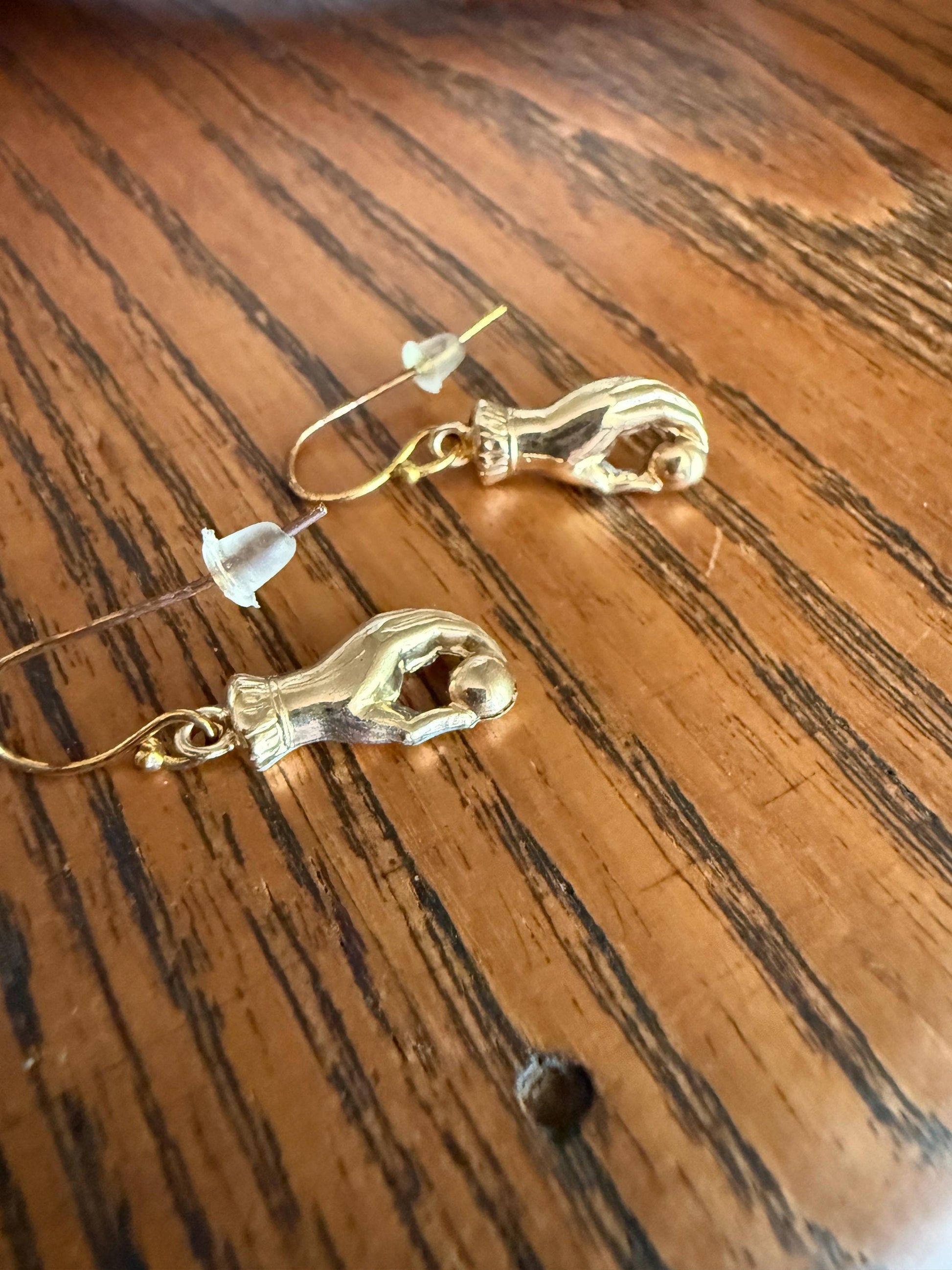 Antique Figural HAND Holding Ball Jester? Cuff Dangle Earrings 10k Gold Cased & GF Unique