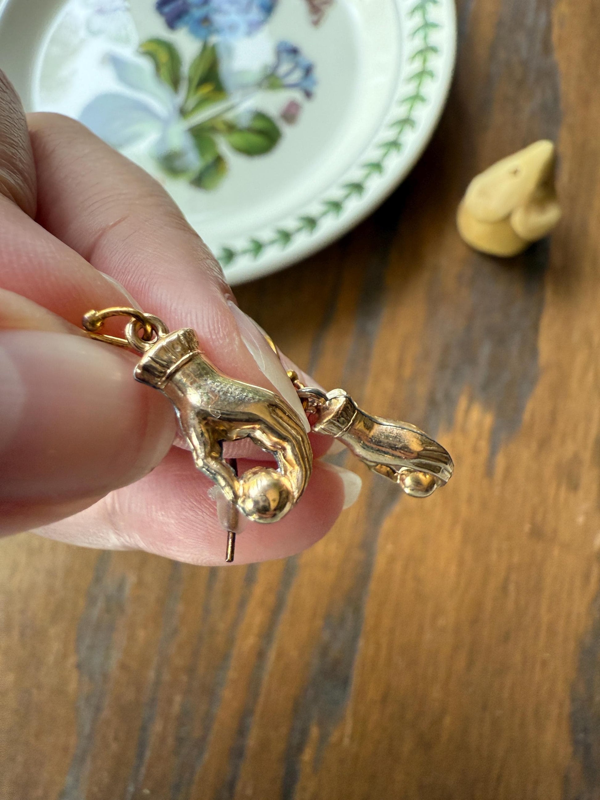 Antique Figural HAND Holding Ball Jester? Cuff Dangle Earrings 10k Gold Cased & GF Unique