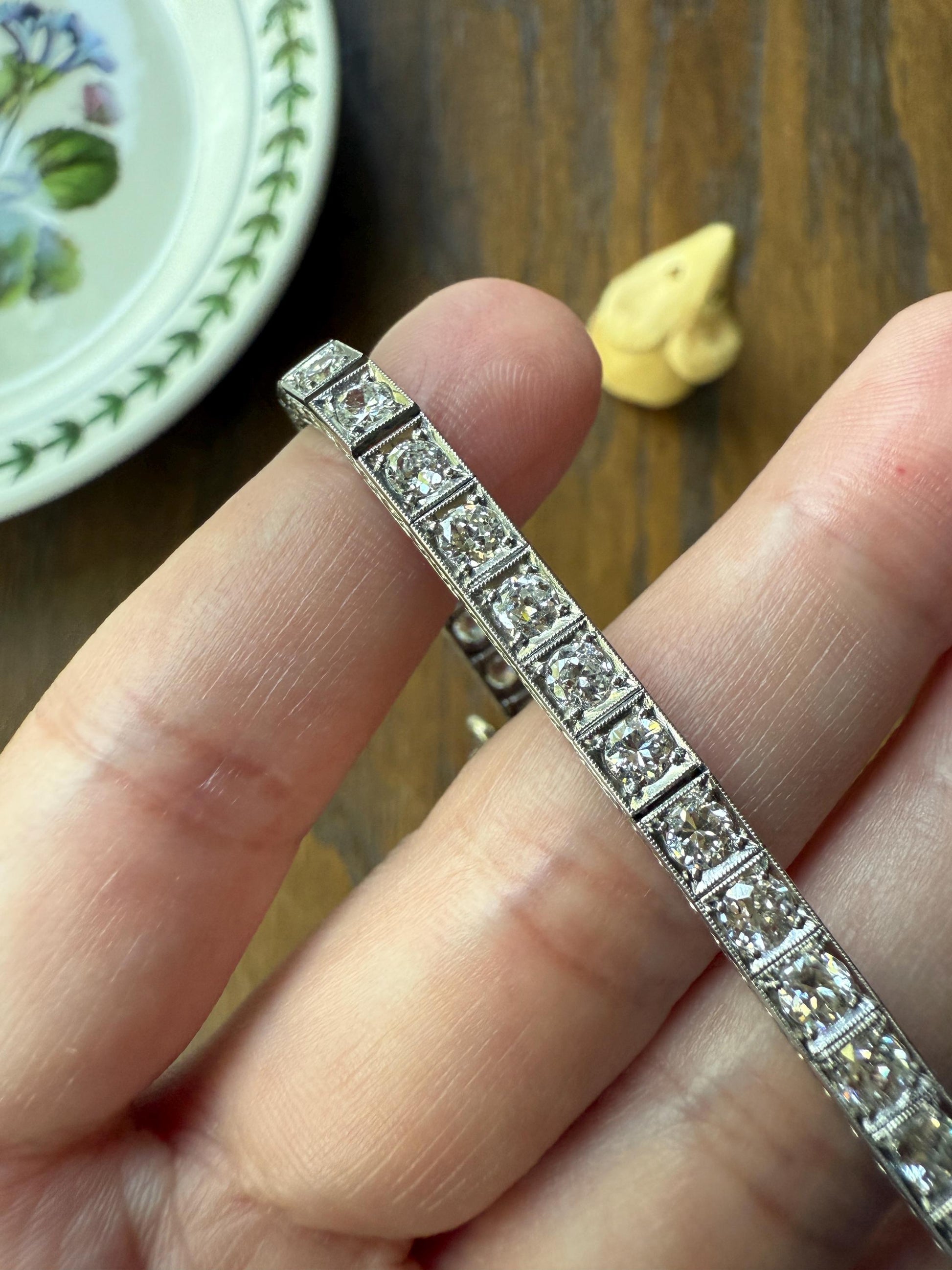 Art Deco 6.25 CARAT 39 Transitional Cut DIAMOND Line Riviera Tennis Bracelet Platinum French Vintage Eternity Square Riviere Wriststack