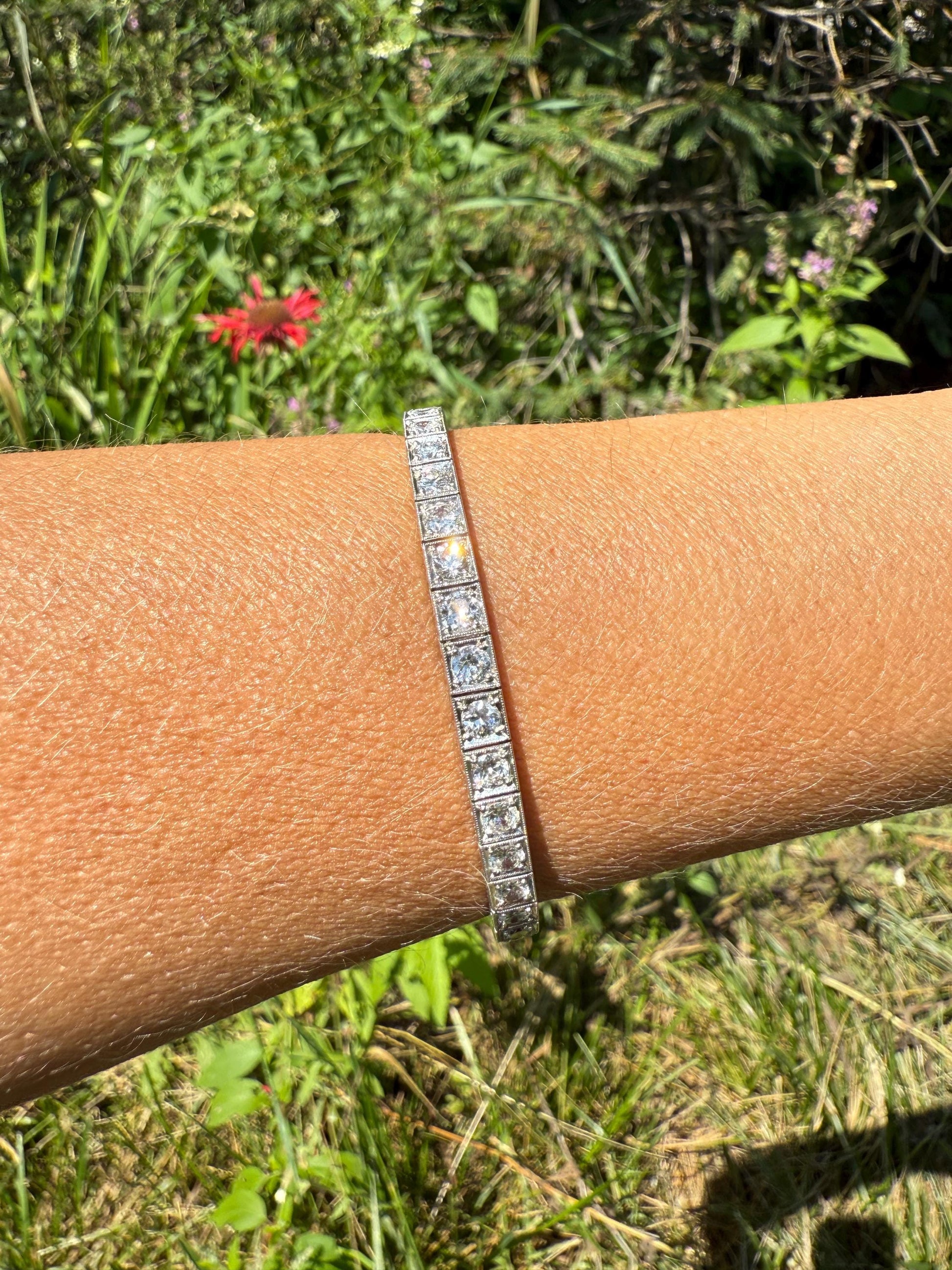 Art Deco 6.25 CARAT 39 Transitional Cut DIAMOND Line Riviera Tennis Bracelet Platinum French Vintage Eternity Square Riviere Wriststack