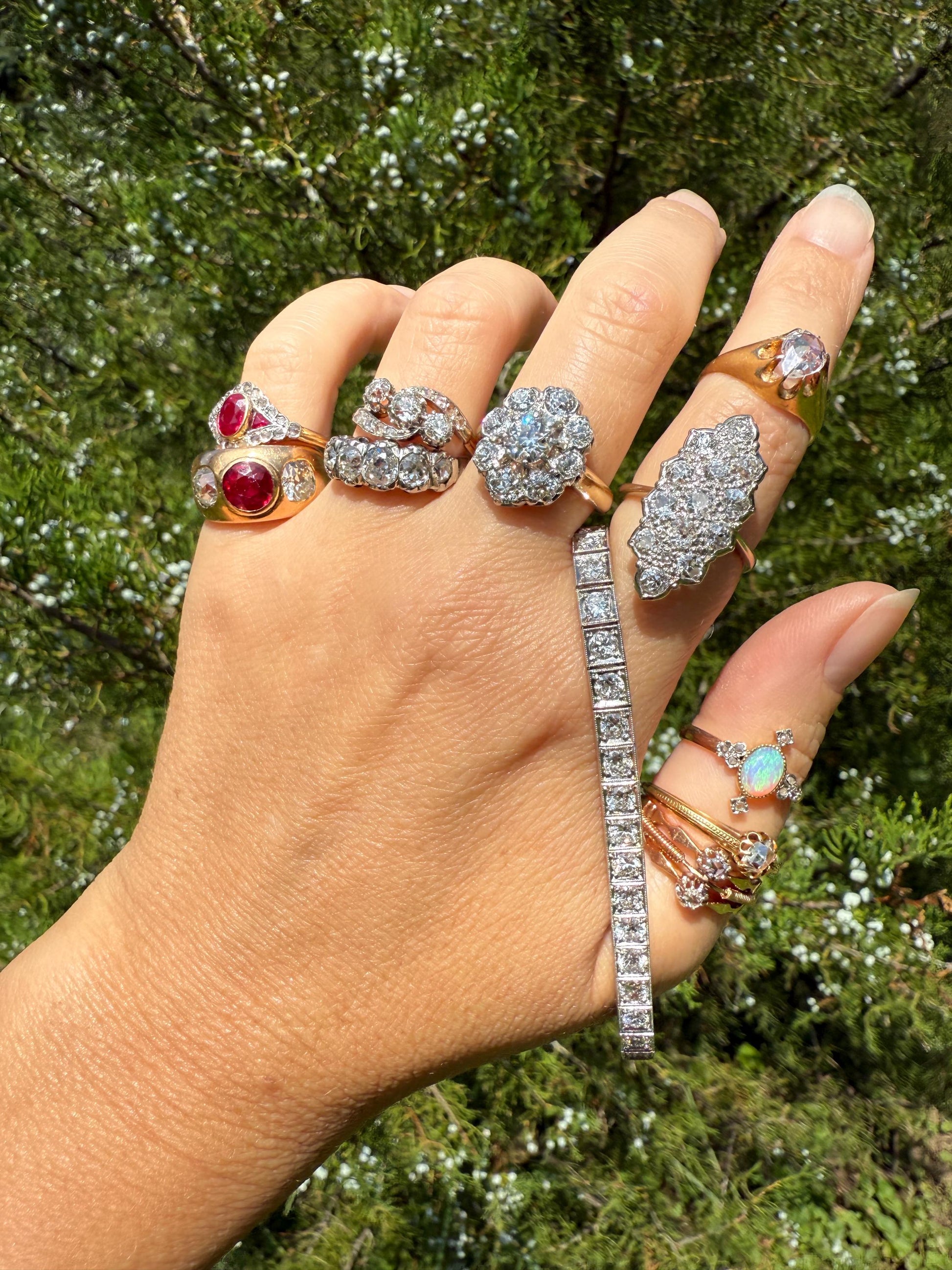 Antique Old Mine Cut Angled Bypass Three Stone Ring Rose Accents French 18k Gold Stacker Band Ringstack Ornate Swirl OMC Belle Epoque