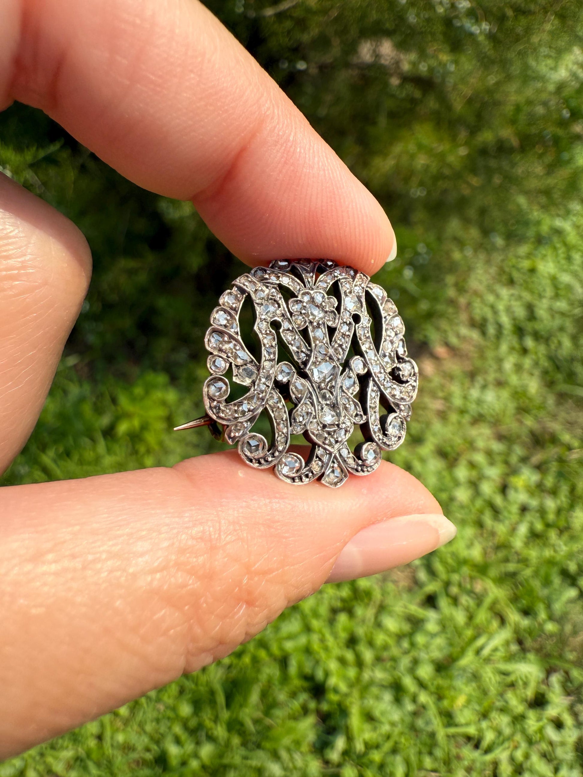 Antique M W 100 + Rose Cut Diamonds Encrusted Initial Medallion 18k Gold Silver Brooch Pin for Pendant French Figural Georgian Victorian