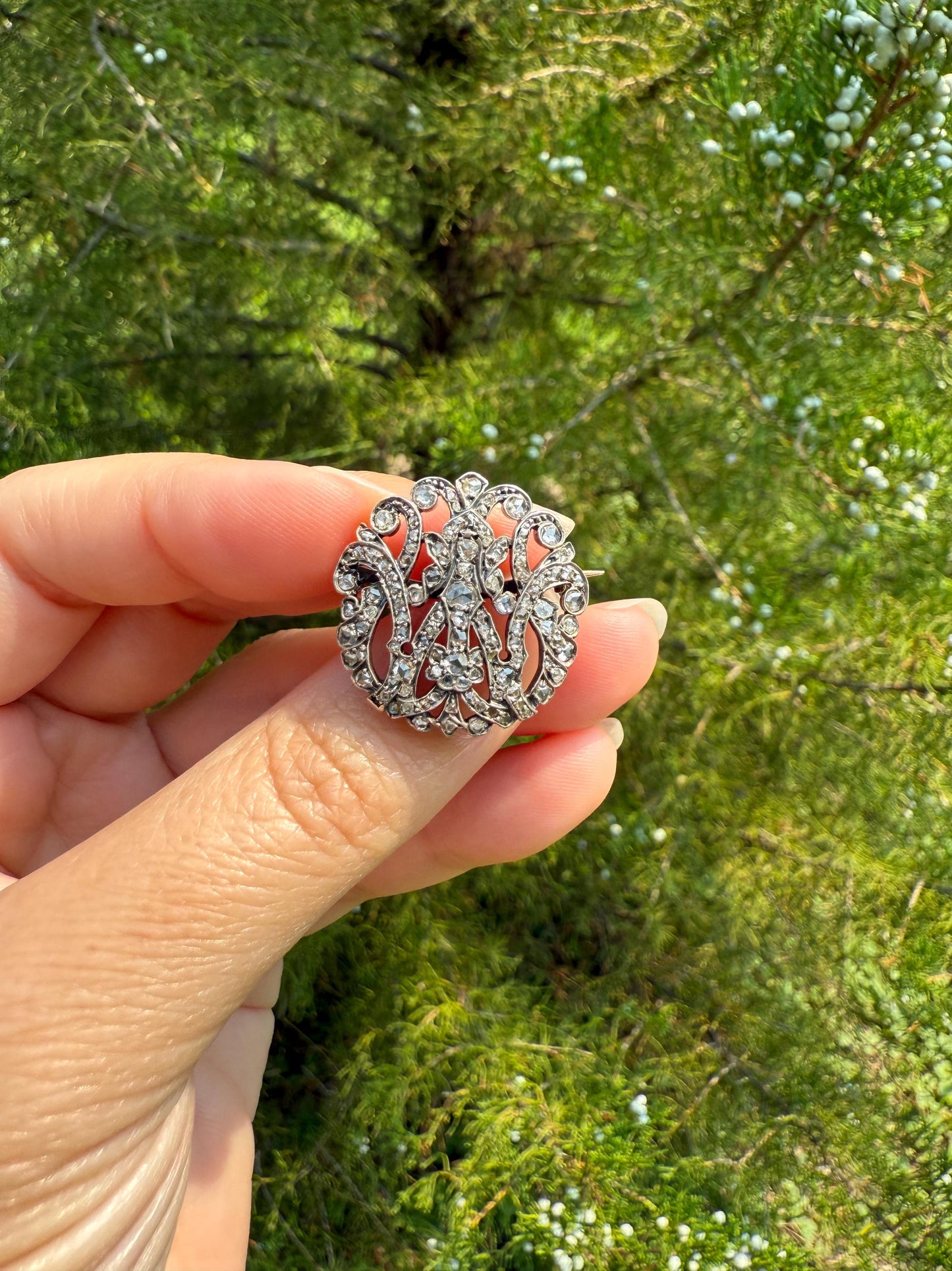Antique M W 100 + Rose Cut Diamonds Encrusted Initial Medallion 18k Gold Silver Brooch Pin for Pendant French Figural Georgian Victorian