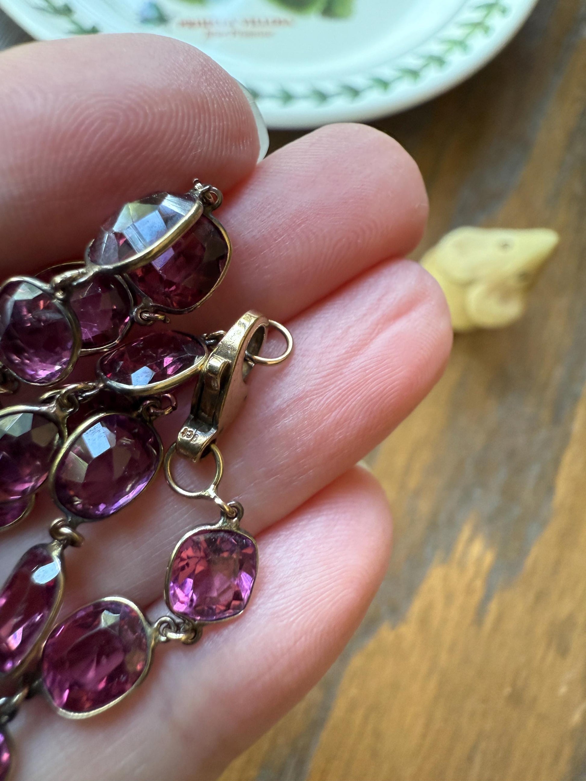 Antique 36 GARNET Riviera Station Chain 10k GOLD Berry Purple Pink Chunky Lariat Y Necklace Romantic Gift Neckmess Neckstack Collar