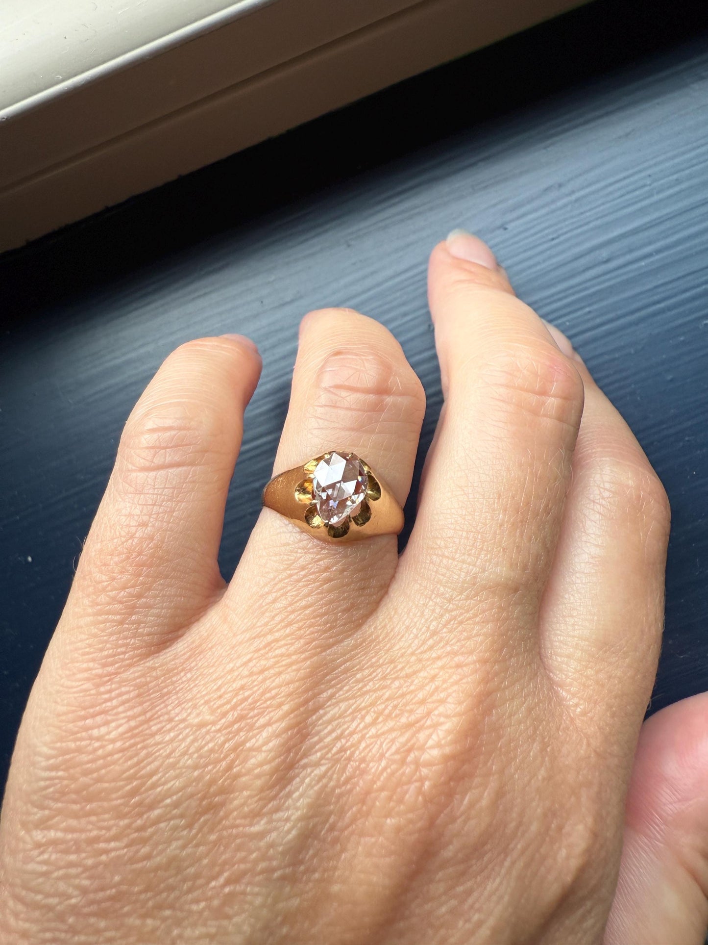 Special PEAR Open Back Rose Cut DIAMOND Original Antique Solitiare 18k Gold Buttercup Belcher Glowing Setting