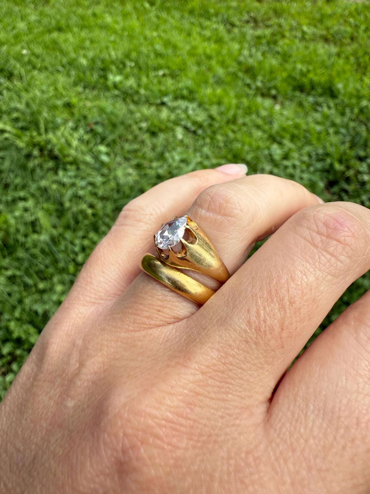 Special PEAR Open Back Rose Cut DIAMOND Original Antique Solitiare 18k Gold Buttercup Belcher Glowing Setting