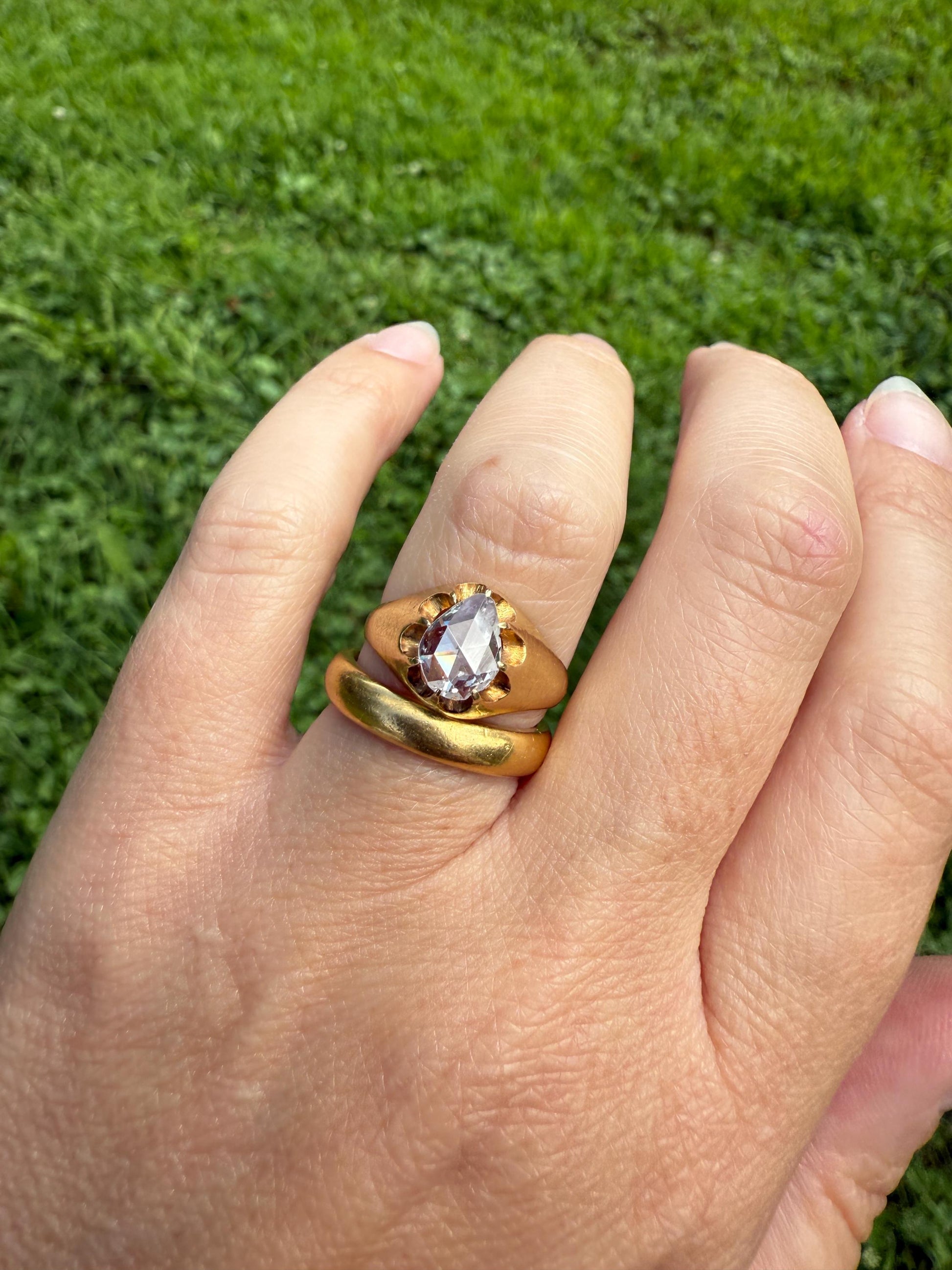 Special PEAR Open Back Rose Cut DIAMOND Original Antique Solitiare 18k Gold Buttercup Belcher Glowing Setting
