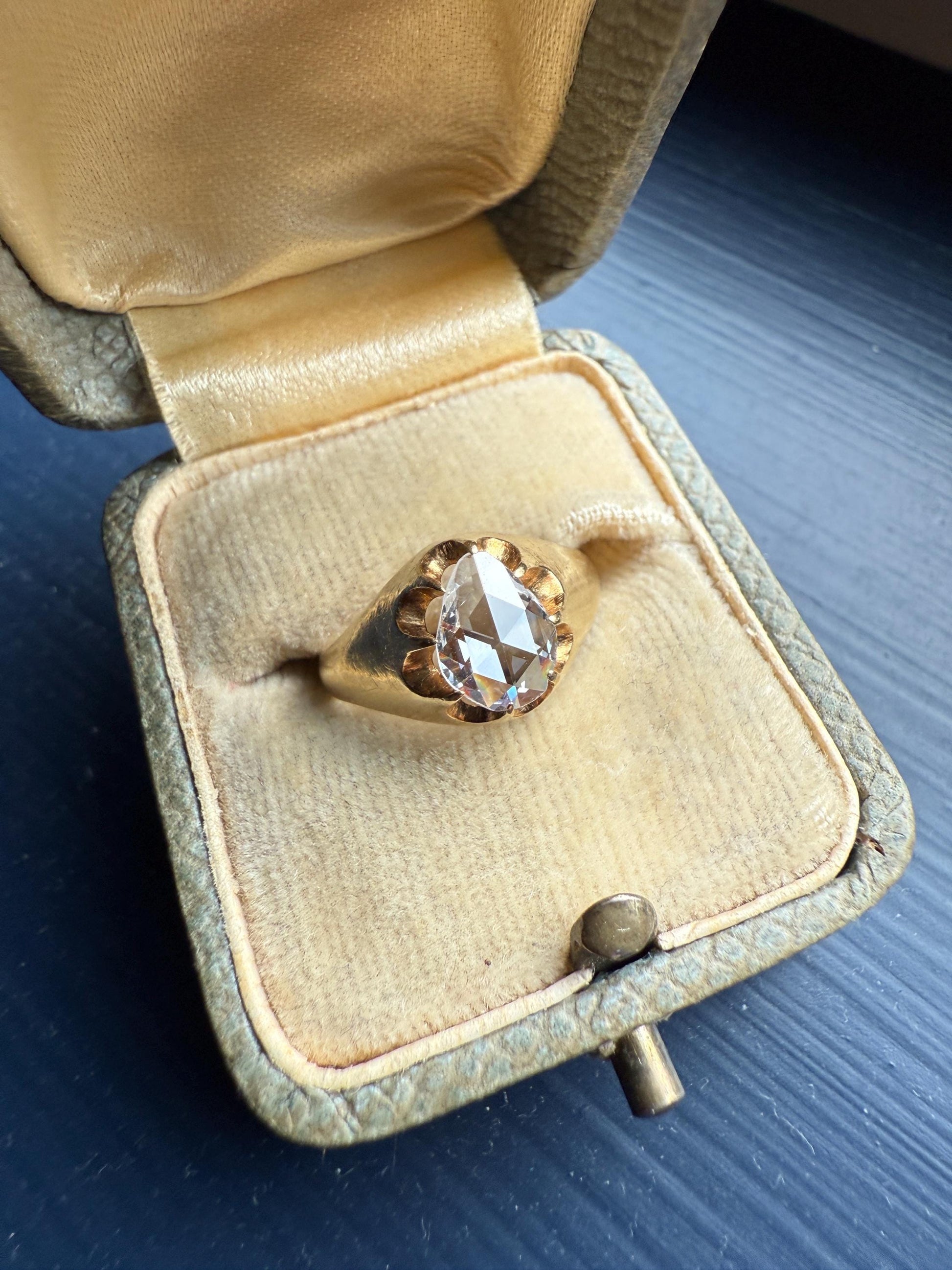 Special PEAR Open Back Rose Cut DIAMOND Original Antique Solitiare 18k Gold Buttercup Belcher Glowing Setting