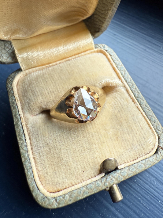 Special PEAR Open Back Rose Cut DIAMOND Original Antique Solitiare 18k Gold Buttercup Belcher Glowing Setting