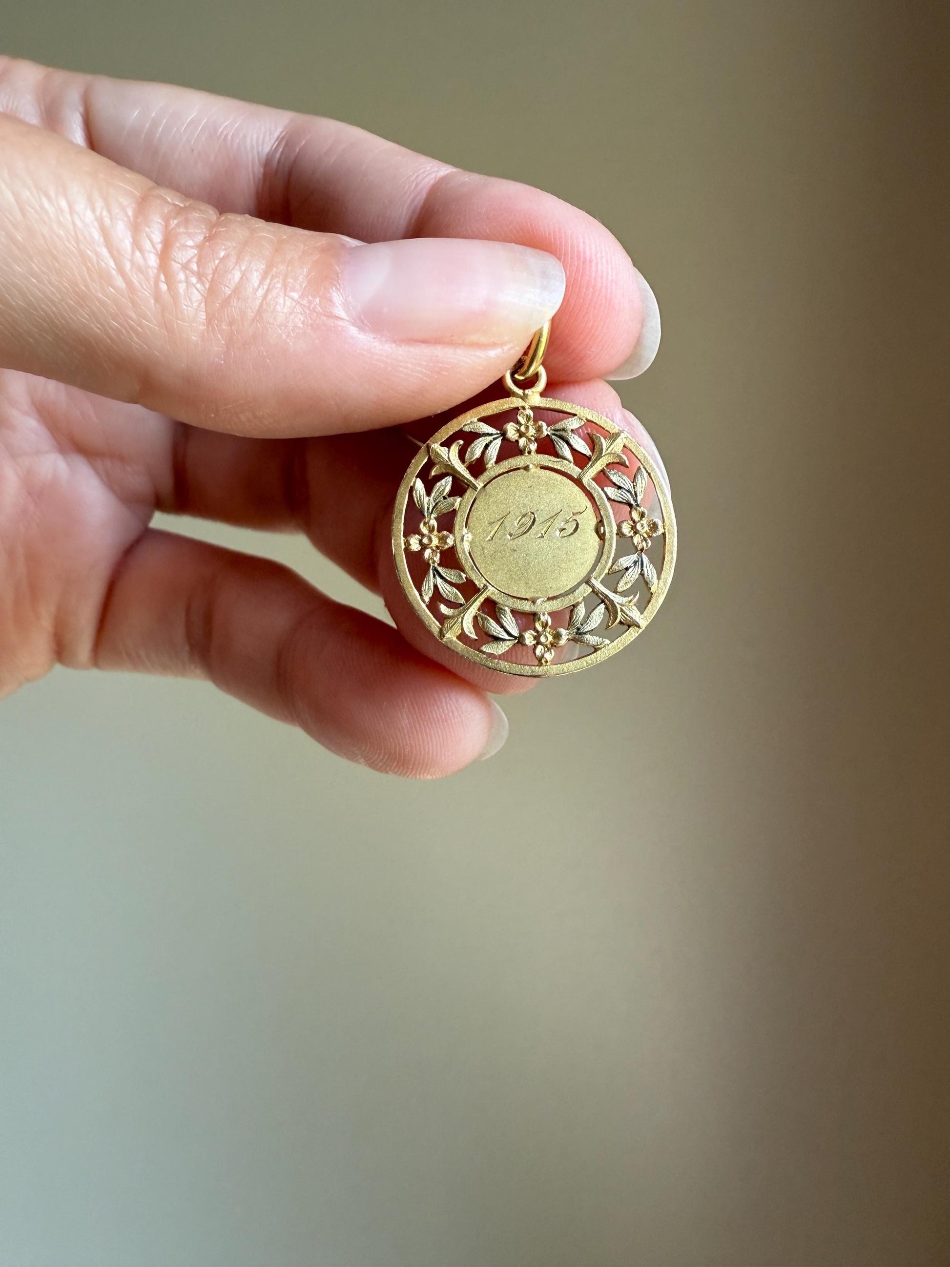 DATED June 1915 Souvenir Green Leaf Forget Me Not French Engraved Love Medal Art Nouveau Antique 18k Gold PENDANT Belle Epoque Floral Gift