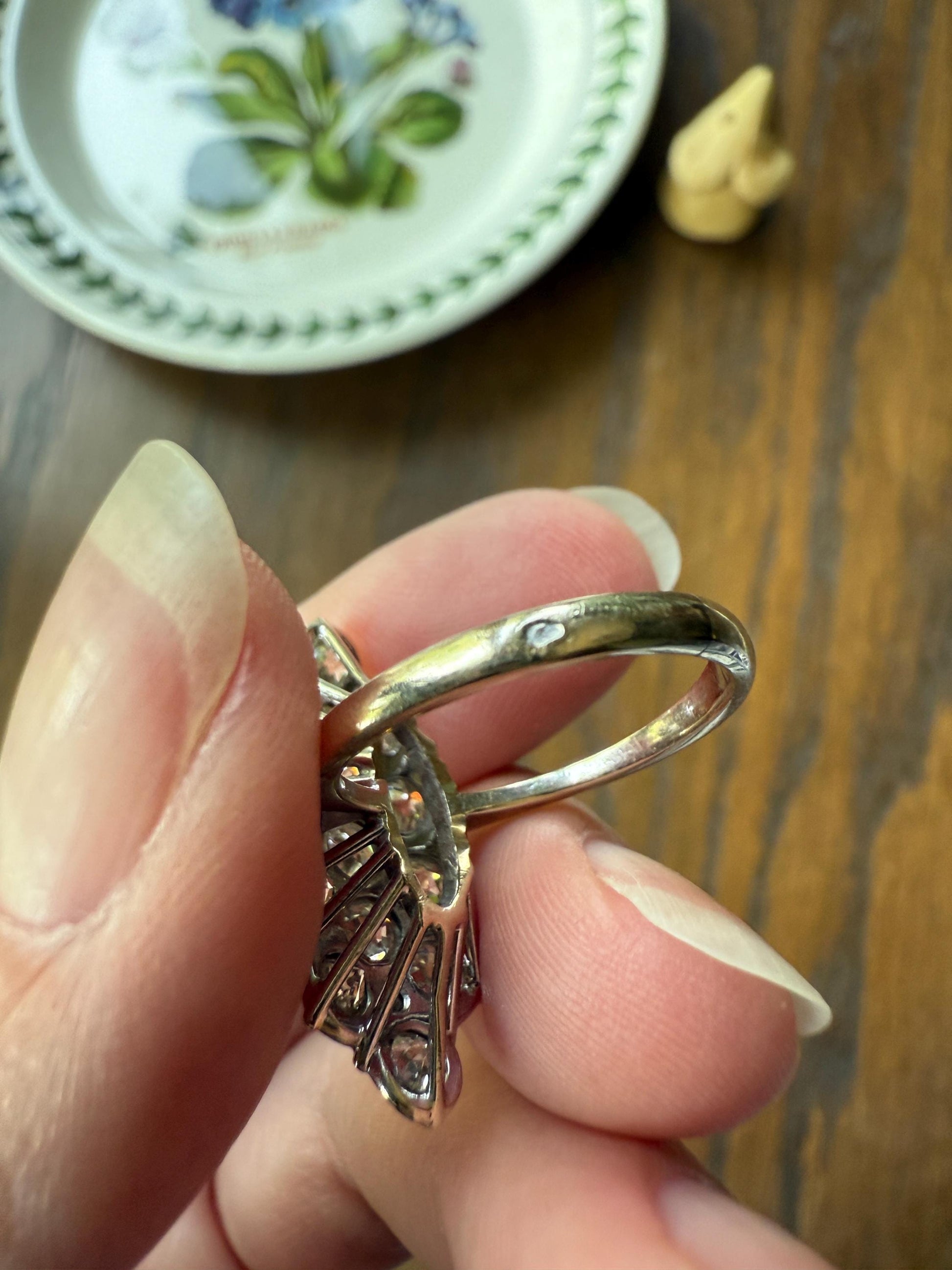 TALL Unique 2.3 Carat Old Mine Cut DIAMOND Navette Cluster Ring French Vintage 18k White Gold Demi Bezel Halo Cobblestone Texture 2.3Ctw OMC