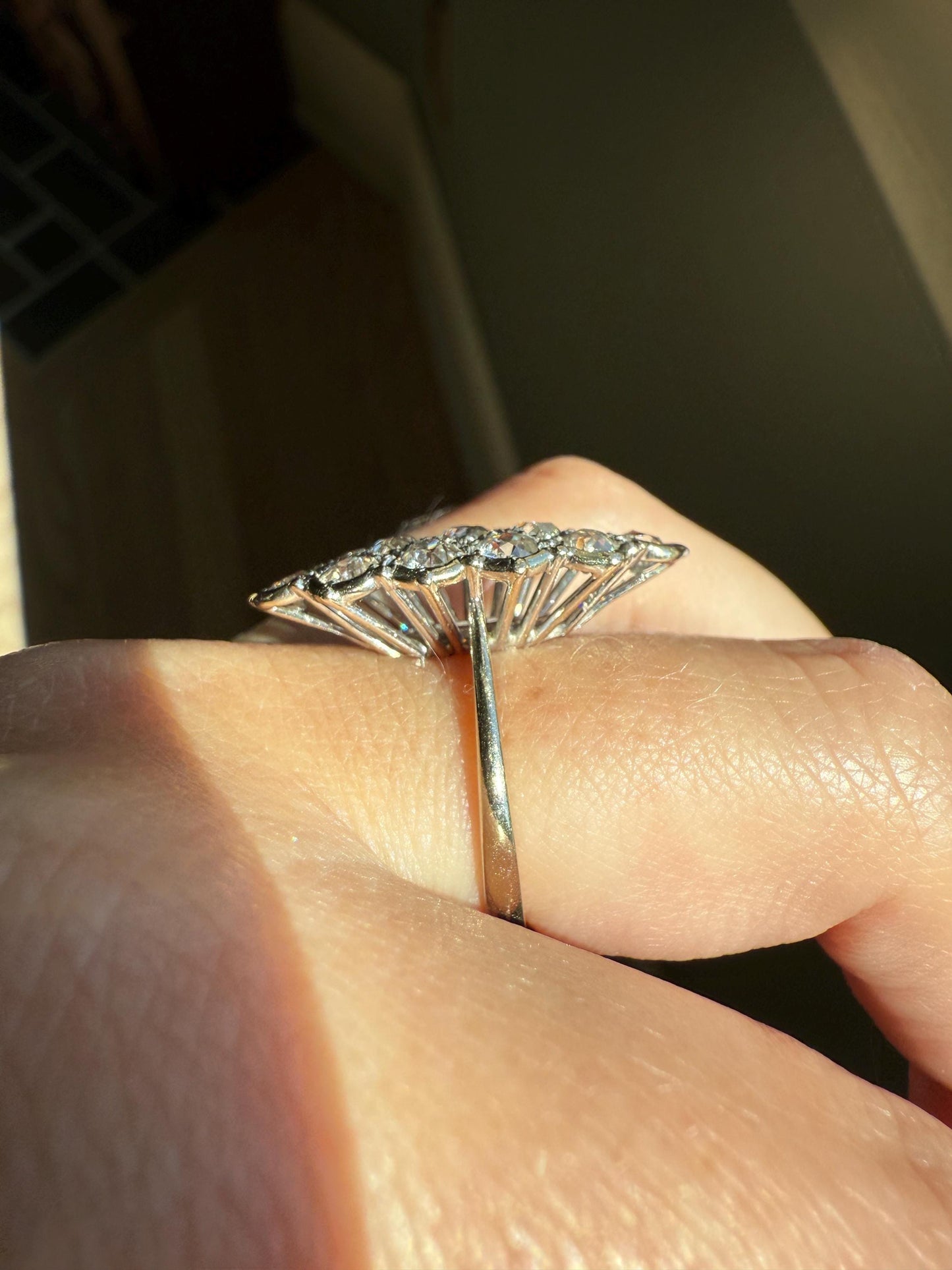 TALL Unique 2.3 Carat Old Mine Cut DIAMOND Navette Cluster Ring French Vintage 18k White Gold Demi Bezel Halo Cobblestone Texture 2.3Ctw OMC