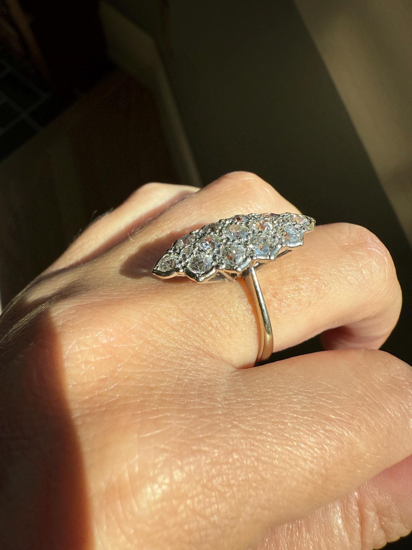 TALL Unique 2.3 Carat Old Mine Cut DIAMOND Navette Cluster Ring French Vintage 18k White Gold Demi Bezel Halo Cobblestone Texture 2.3Ctw OMC