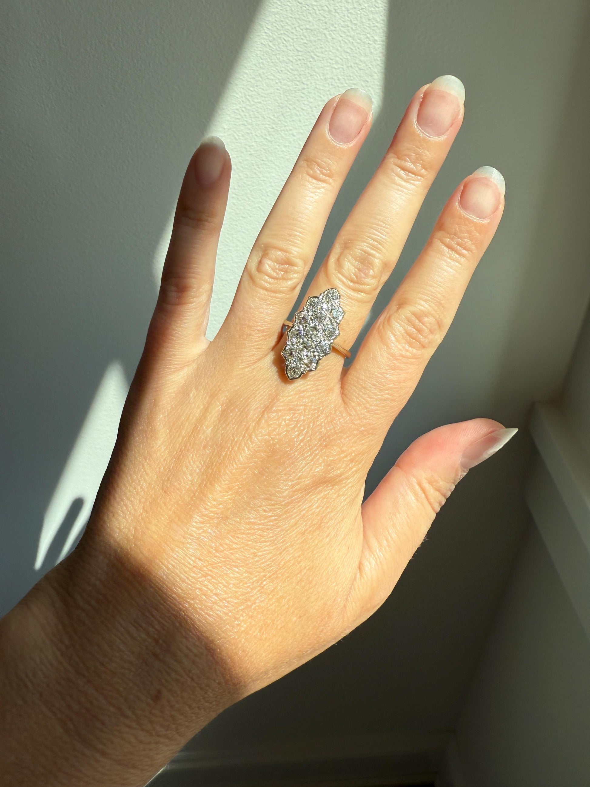 TALL Unique 2.3 Carat Old Mine Cut DIAMOND Navette Cluster Ring French Vintage 18k White Gold Demi Bezel Halo Cobblestone Texture 2.3Ctw OMC