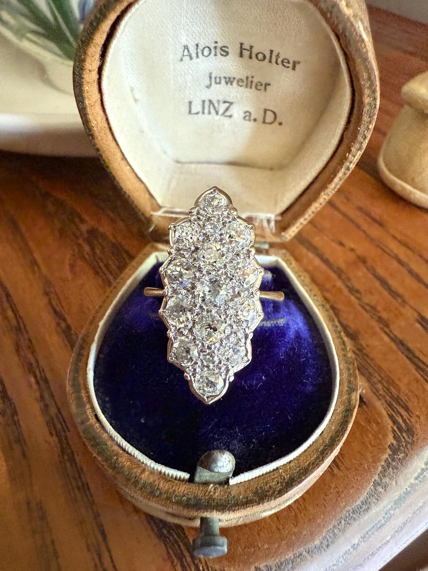 TALL Unique 2.3 Carat Old Mine Cut DIAMOND Navette Cluster Ring French Vintage 18k White Gold Demi Bezel Halo Cobblestone Texture 2.3Ctw OMC
