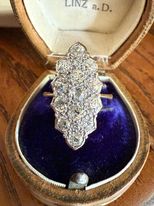 TALL Unique 2.3 Carat Old Mine Cut DIAMOND Navette Cluster Ring French Vintage 18k White Gold Demi Bezel Halo Cobblestone Texture 2.3Ctw OMC