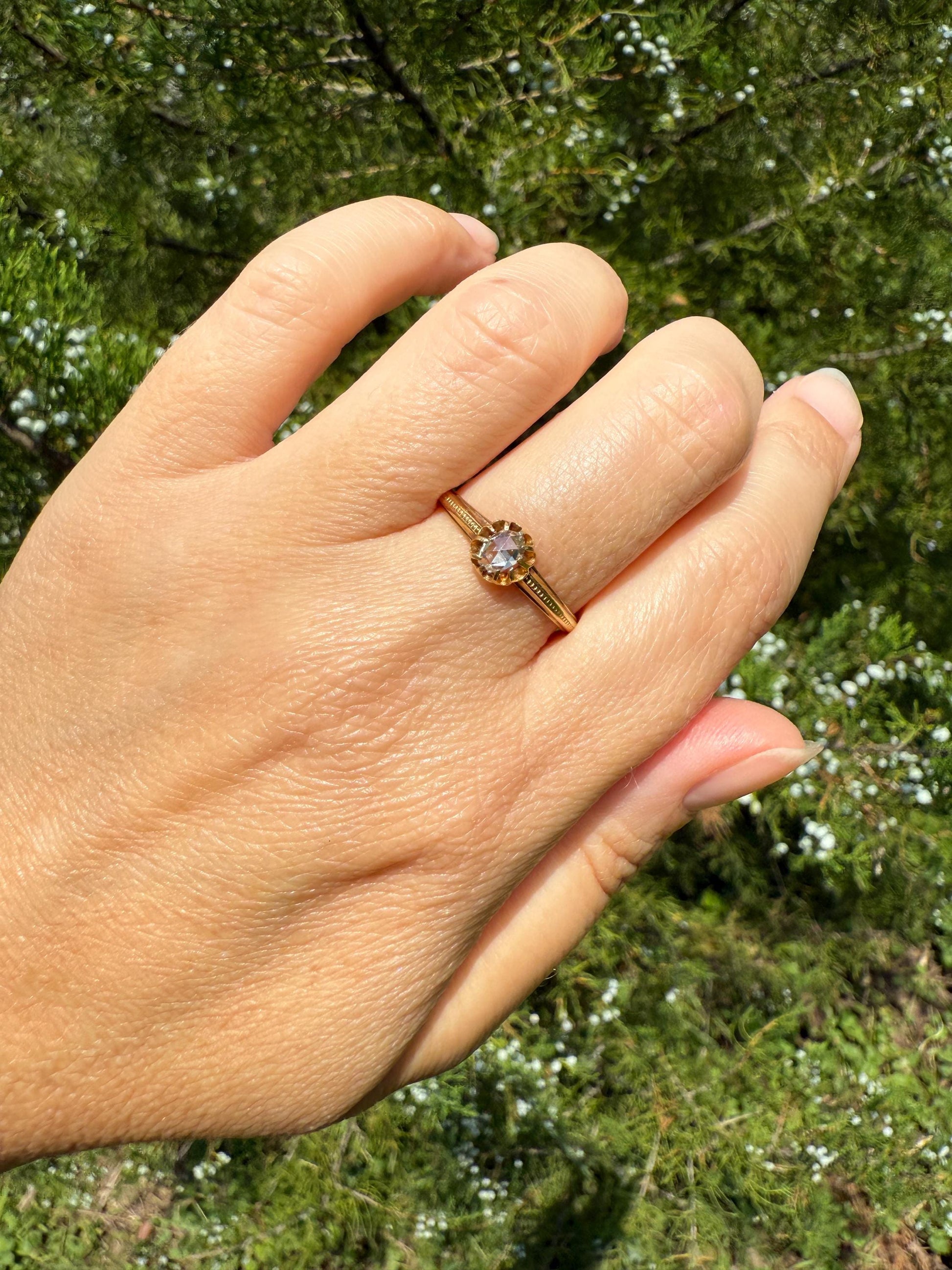 SWEETIE Victorian Antique Oval Open Back Rose Cut DIAMOND Solitaire Engagement Wedding Buttercup Ring 18k Gold Big Finger Minimalist Stacker