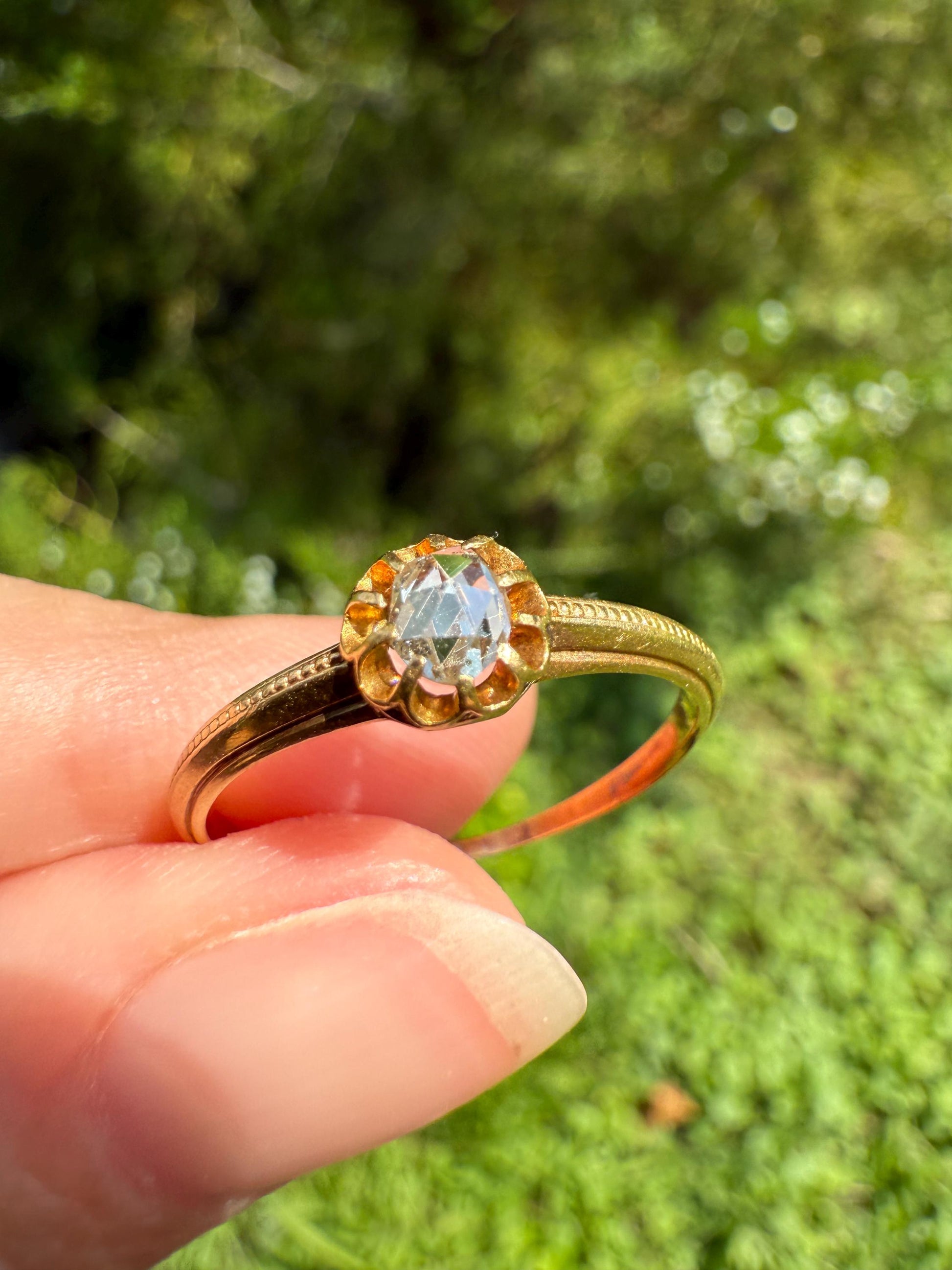 SWEETIE Victorian Antique Oval Open Back Rose Cut DIAMOND Solitaire Engagement Wedding Buttercup Ring 18k Gold Big Finger Minimalist Stacker