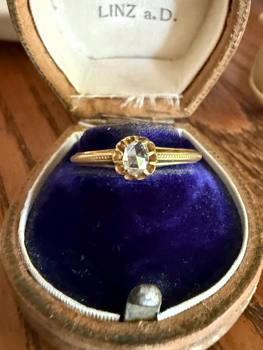 SWEETIE Victorian Antique Oval Open Back Rose Cut DIAMOND Solitaire Engagement Wedding Buttercup Ring 18k Gold