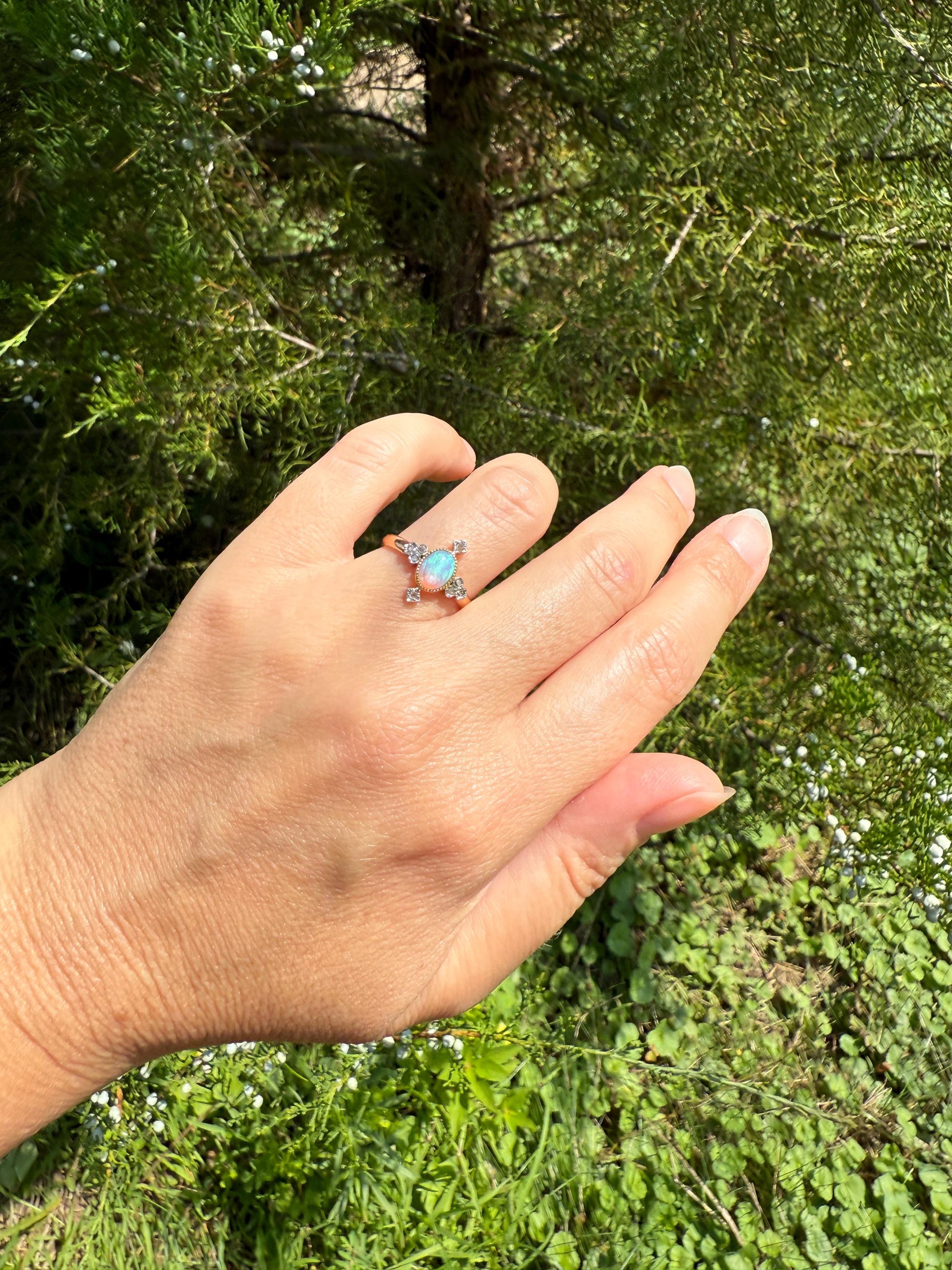 CRUCIFORM Blue OPAL Rose Cut Diamond Accents French Belle Epoque 18k Rose Gold Ring Glowing Stacker Ornate Victorian Edwardian