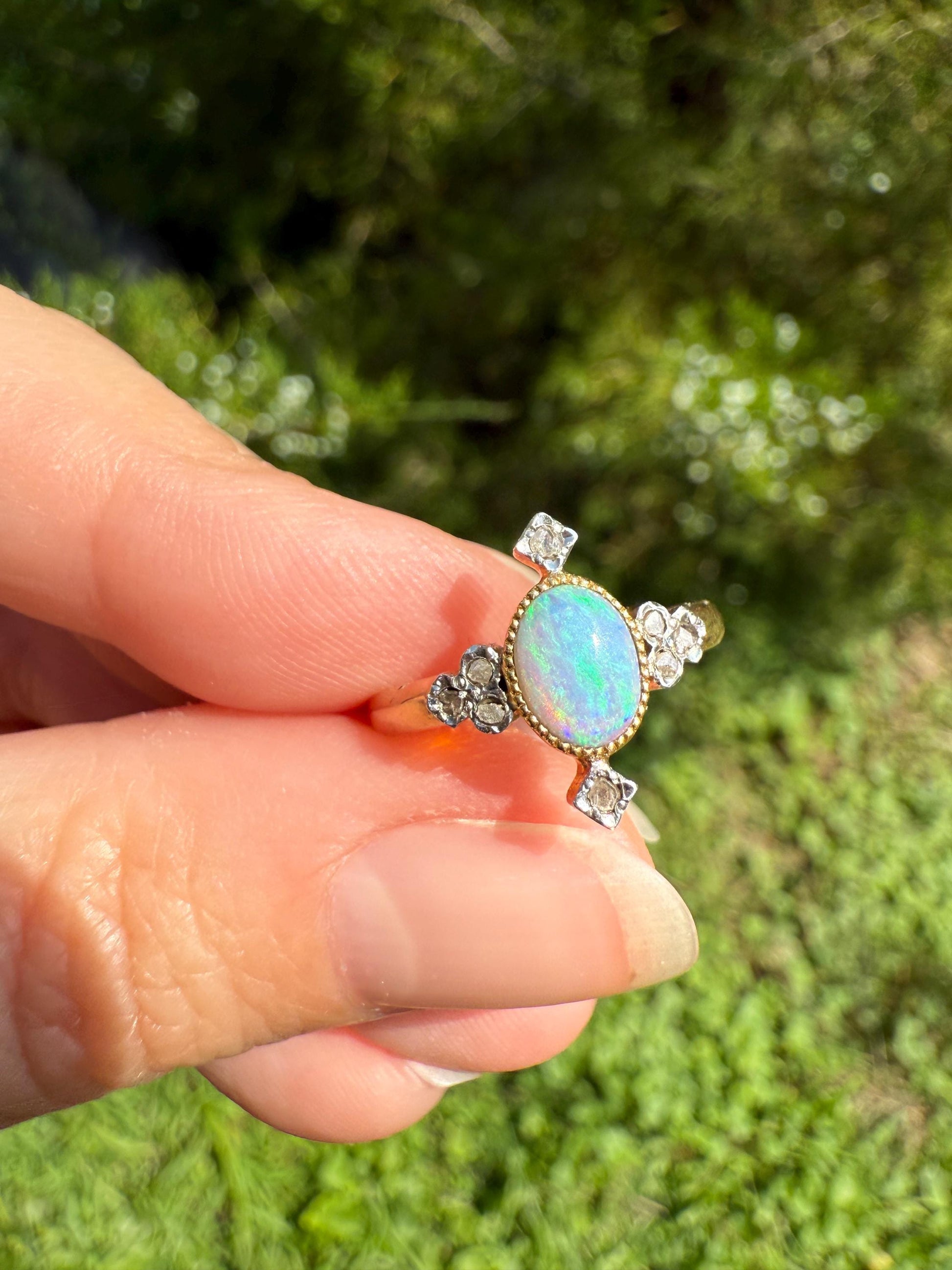 CRUCIFORM Blue OPAL Rose Cut Diamond Accents French Belle Epoque 18k Rose Gold Ring Glowing Stacker Ornate Victorian Edwardian