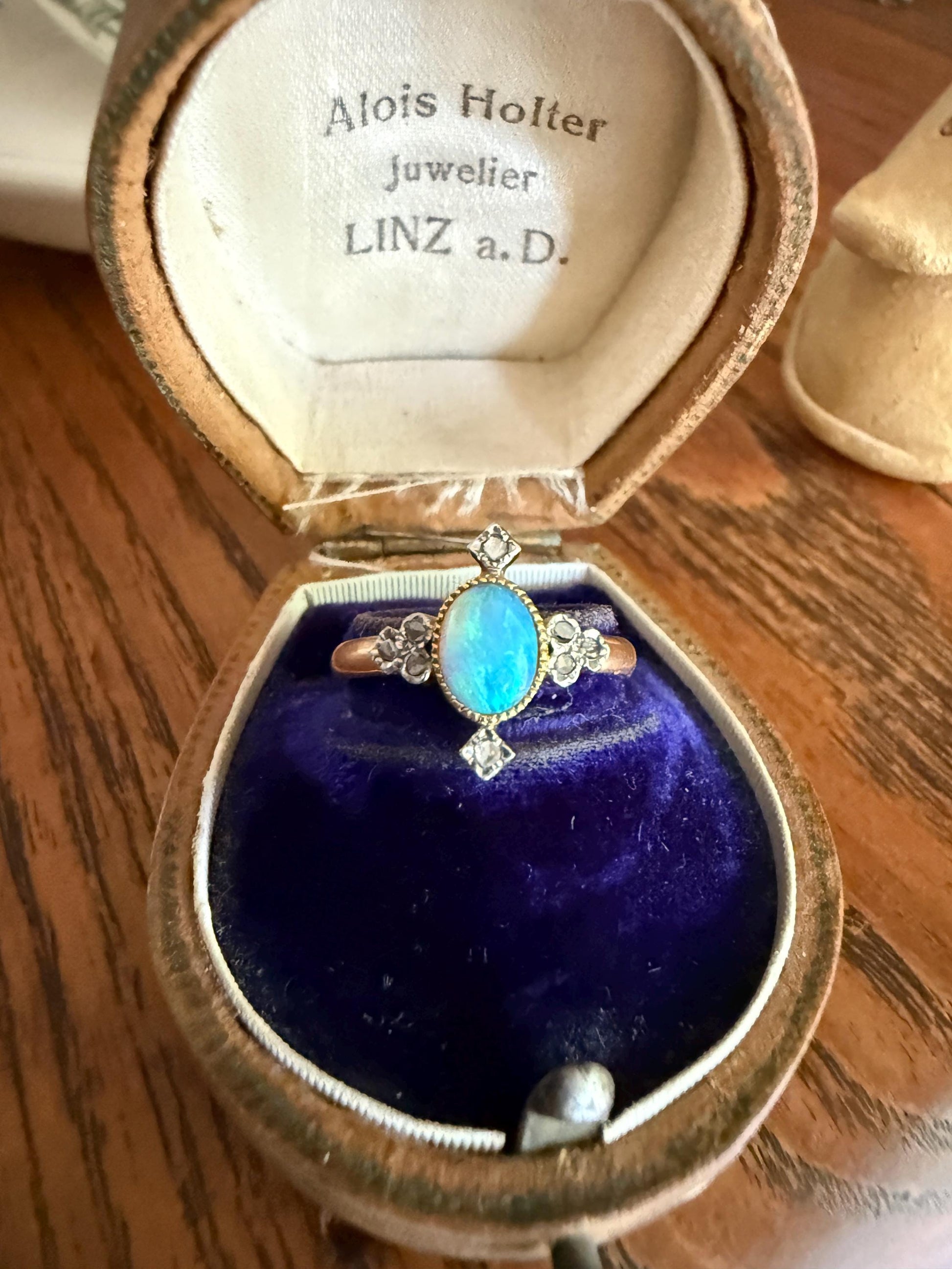 CRUCIFORM Blue OPAL Rose Cut Diamond Accents French Belle Epoque 18k Rose Gold Ring Glowing Stacker Ornate Victorian Edwardian