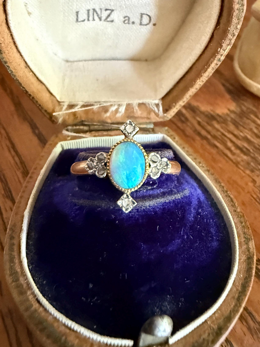 CRUCIFORM Blue OPAL Rose Cut Diamond Accents French Belle Epoque 18k Rose Gold Ring Glowing Stacker Victorian