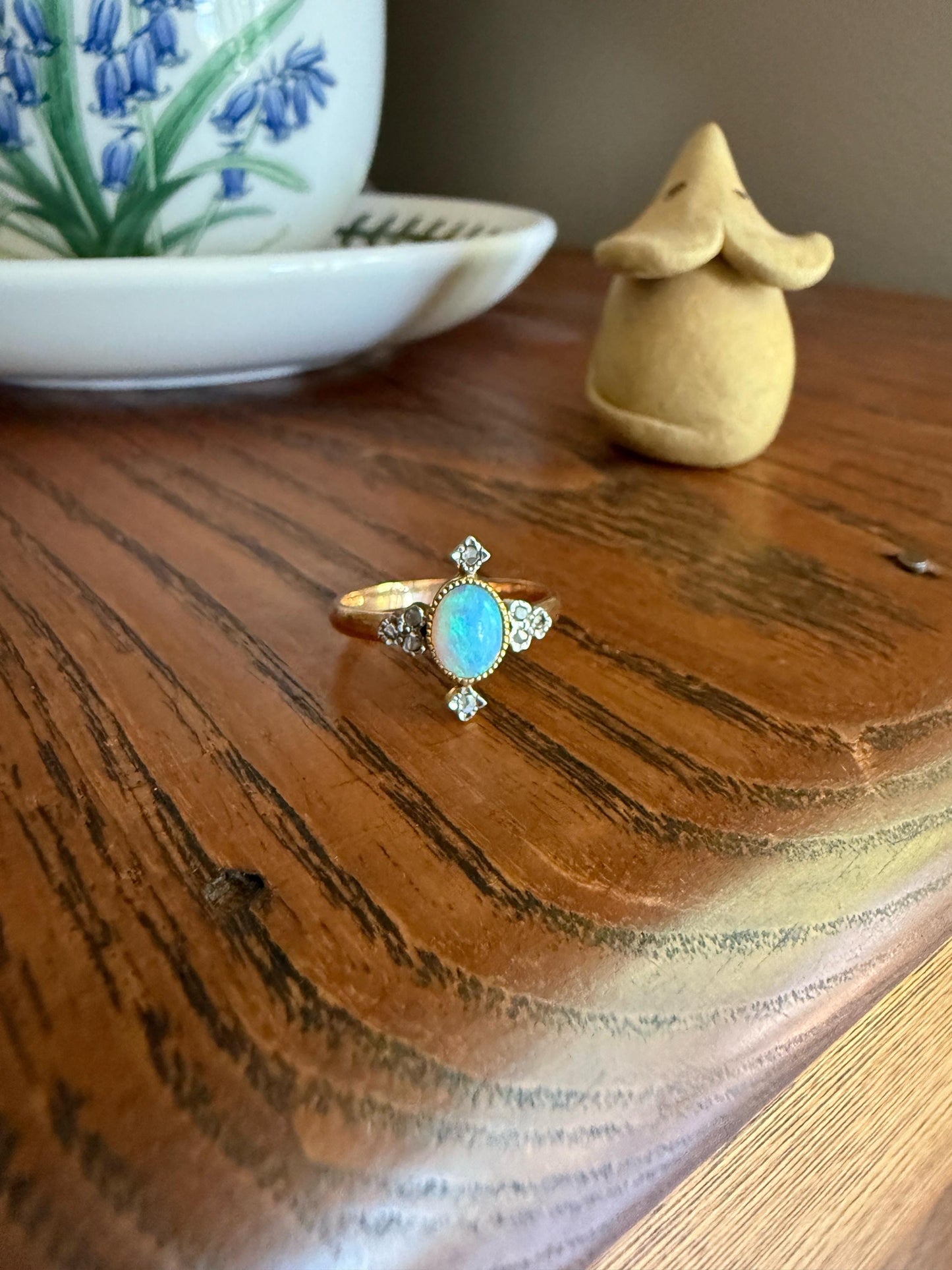 CRUCIFORM Blue OPAL Rose Cut Diamond Accents French Belle Epoque 18k Rose Gold Ring Glowing Stacker Ornate Victorian Edwardian