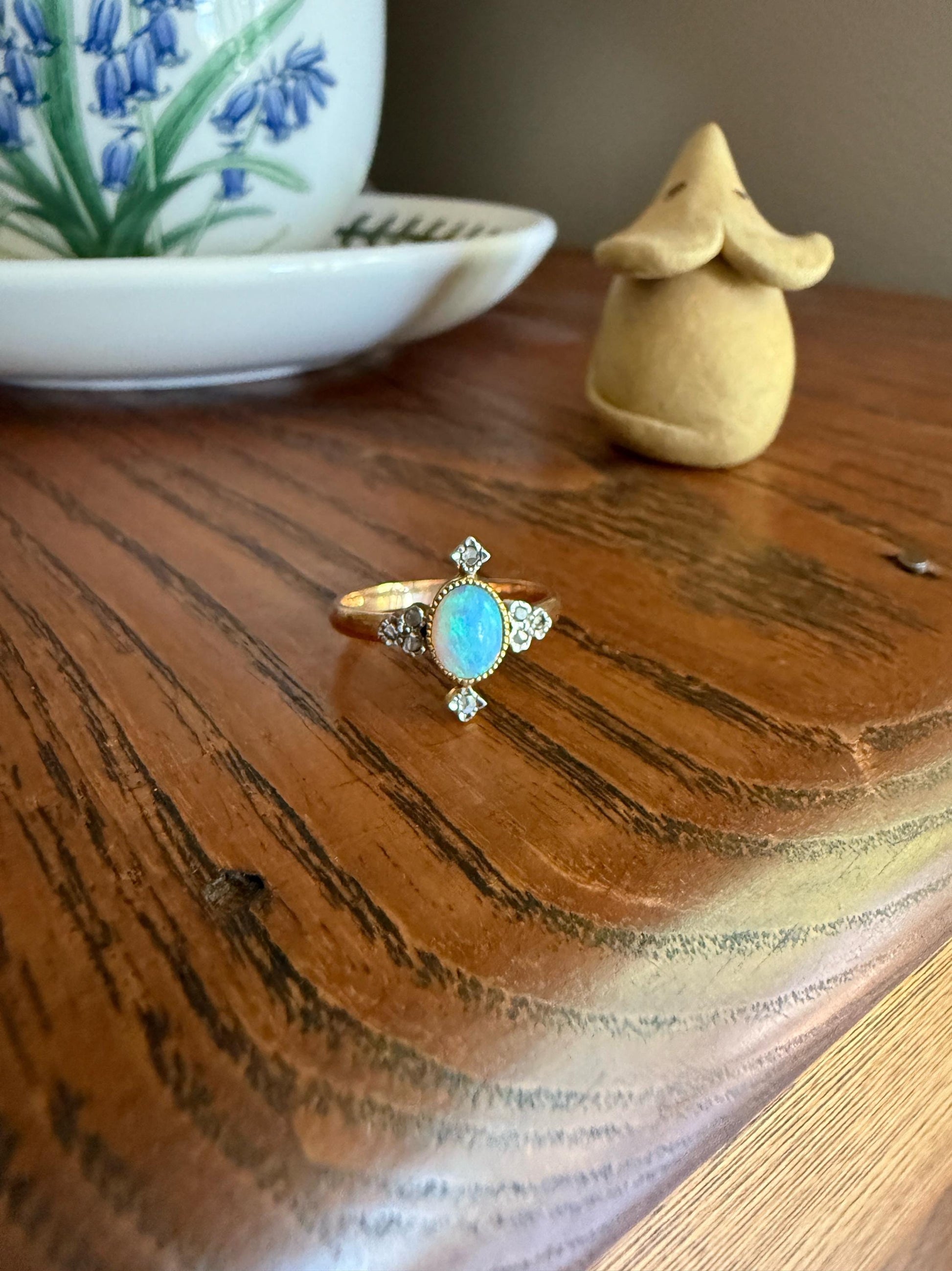 CRUCIFORM Blue OPAL Rose Cut Diamond Accents French Belle Epoque 18k Rose Gold Ring Glowing Stacker Ornate Victorian Edwardian