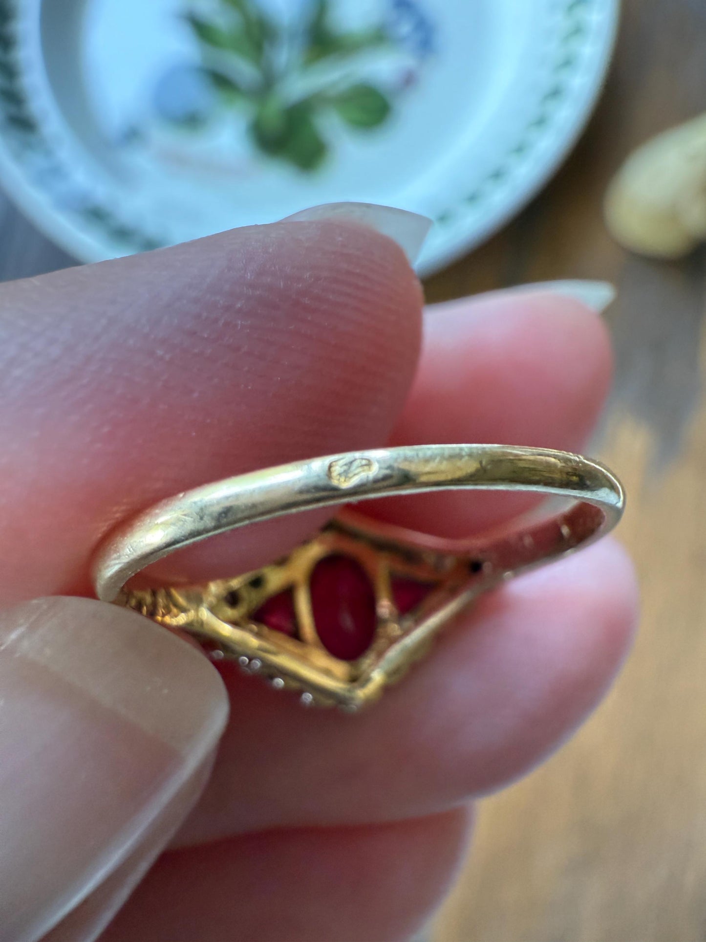 Antique Pink RUBY Rose Cut DIAMOND Garland Halo East West Ring French 18k Gold Stacker Belle Epoque Triangular Trillion Oval Marquise Red