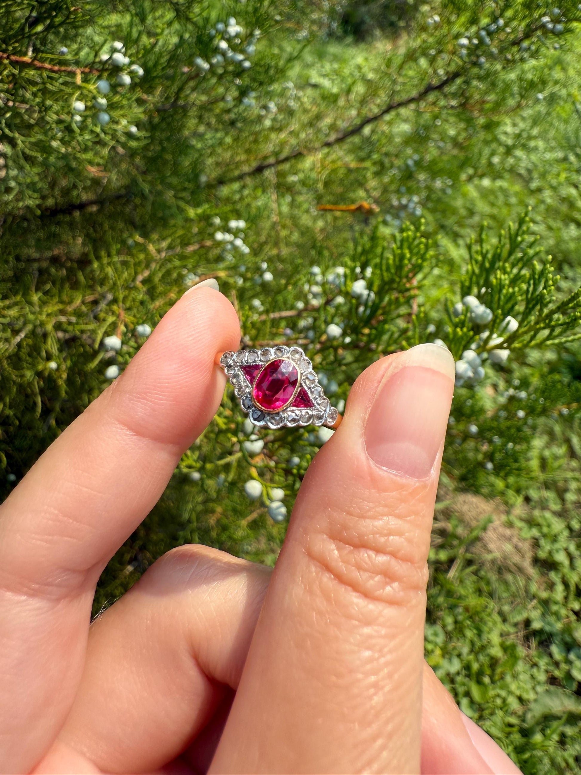 Antique Pink RUBY Rose Cut DIAMOND Garland Halo East West Ring French 18k Gold Stacker Belle Epoque Triangular Trillion Oval Marquise Red