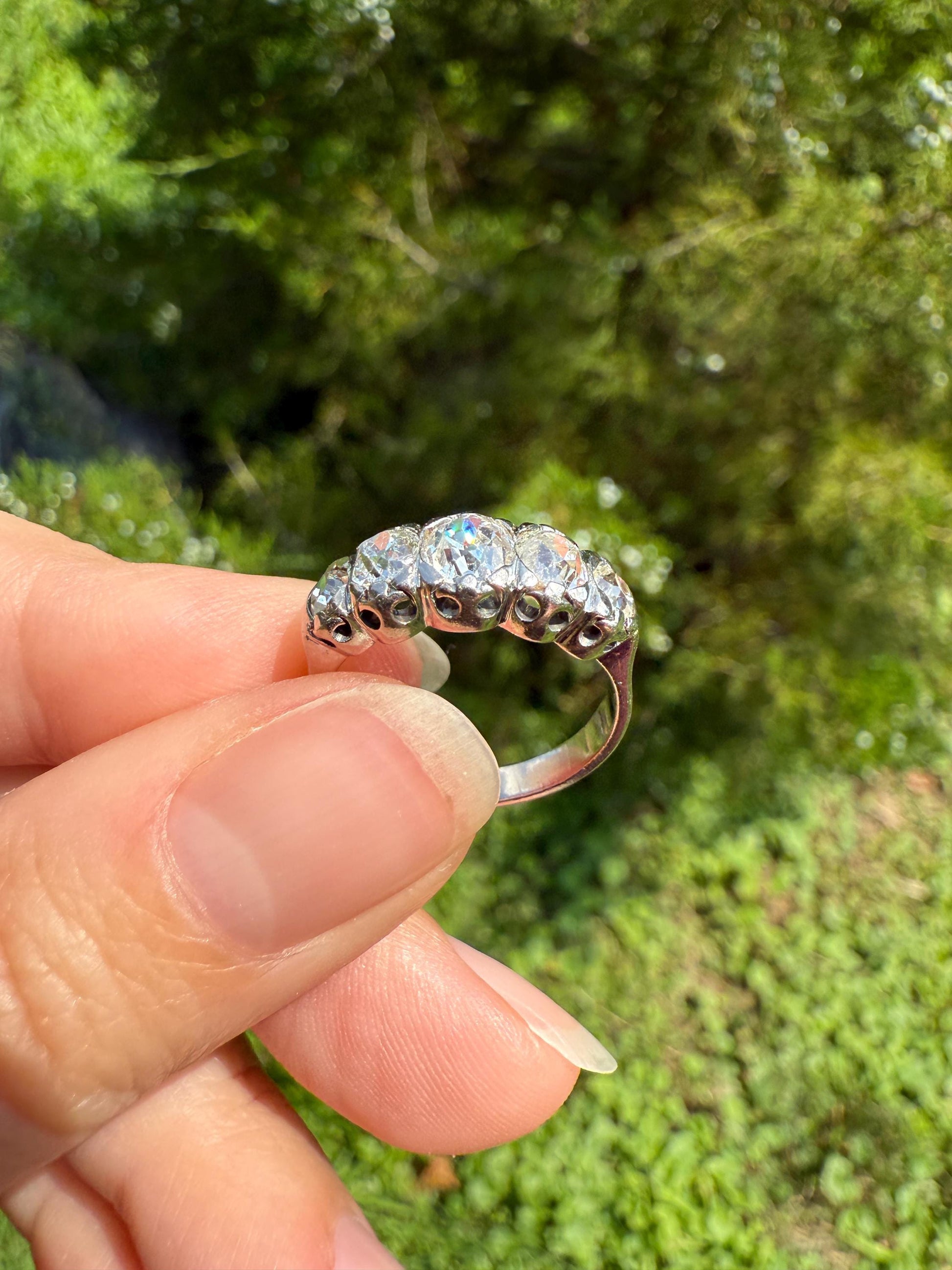 CHUNKY 1.5 Carat Five Stone Old Mine Cut Diamond Band French Antique Platinum Ring Stacker Wedding Anniversary Edwardian OMC