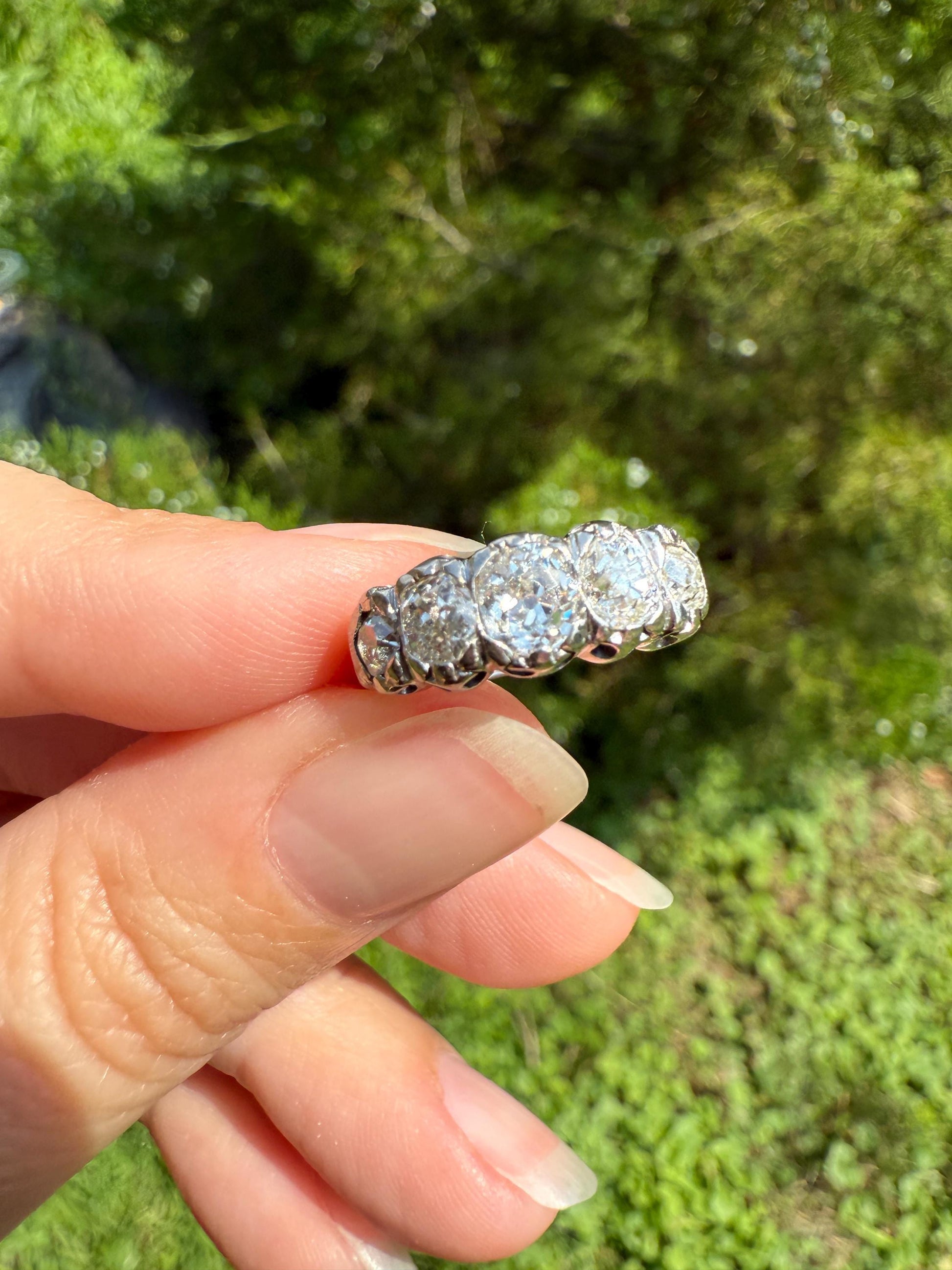 CHUNKY 1.5 Carat Five Stone Old Mine Cut Diamond Band French Antique Platinum Ring Stacker Wedding Anniversary Edwardian OMC