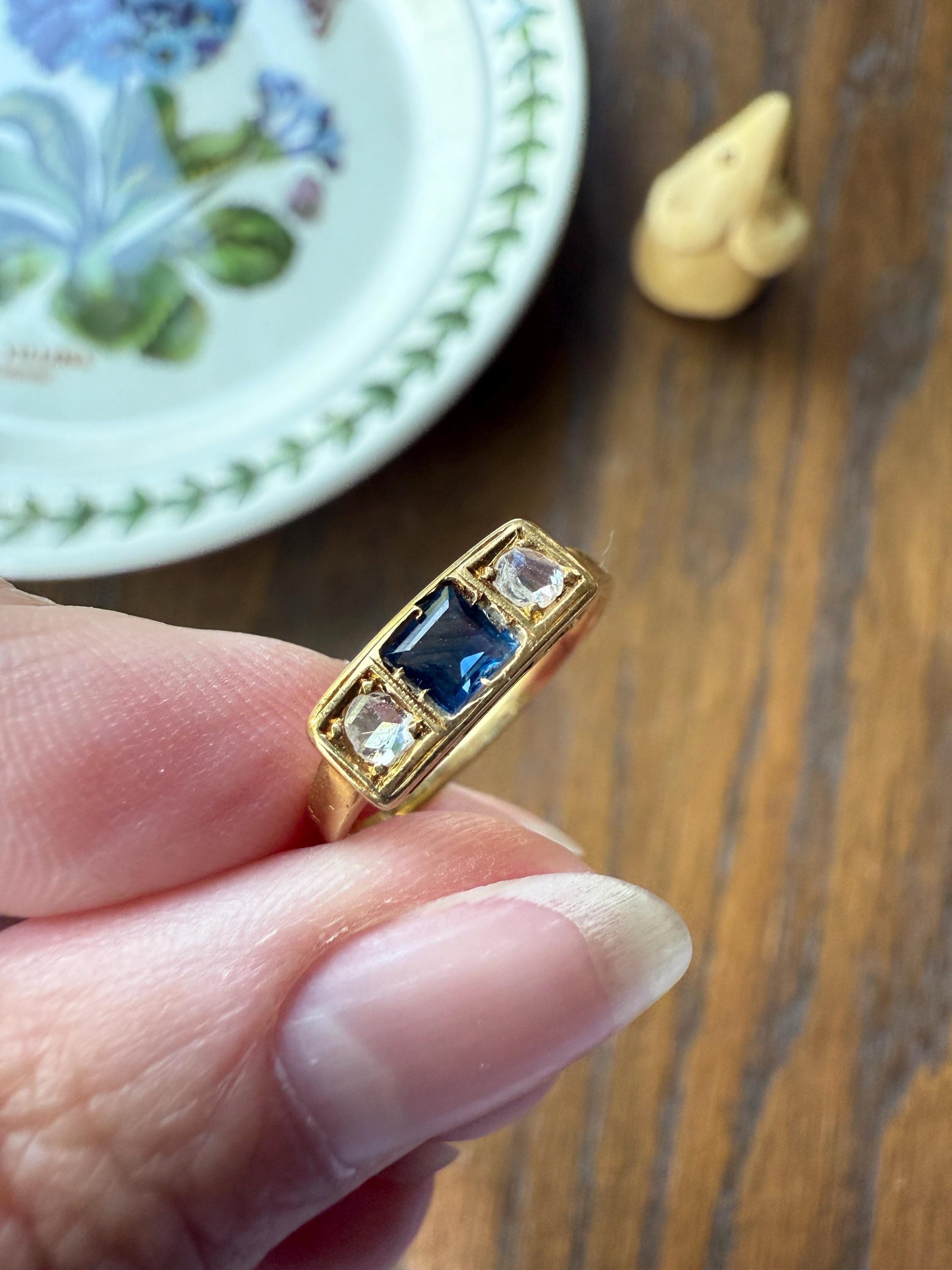 Antique Natural Sapphire Rose Cut Diamond Three Stone Ring Skinny Band 18k Gold Square Rectangle Geometric Stacker
