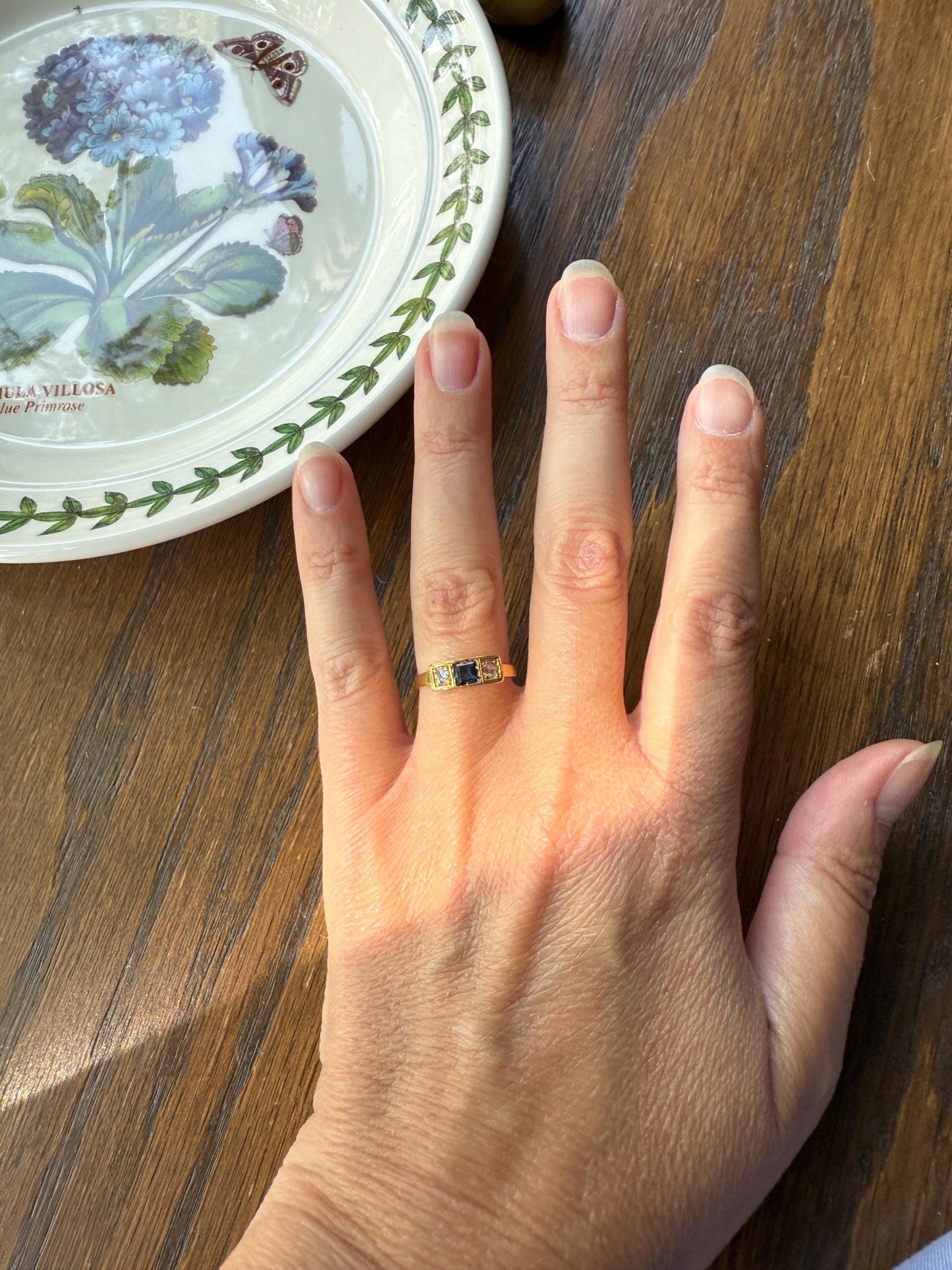 Antique Natural Sapphire Rose Cut Diamond Three Stone Ring Skinny Band 18k Gold Square Rectangle Geometric Stacker