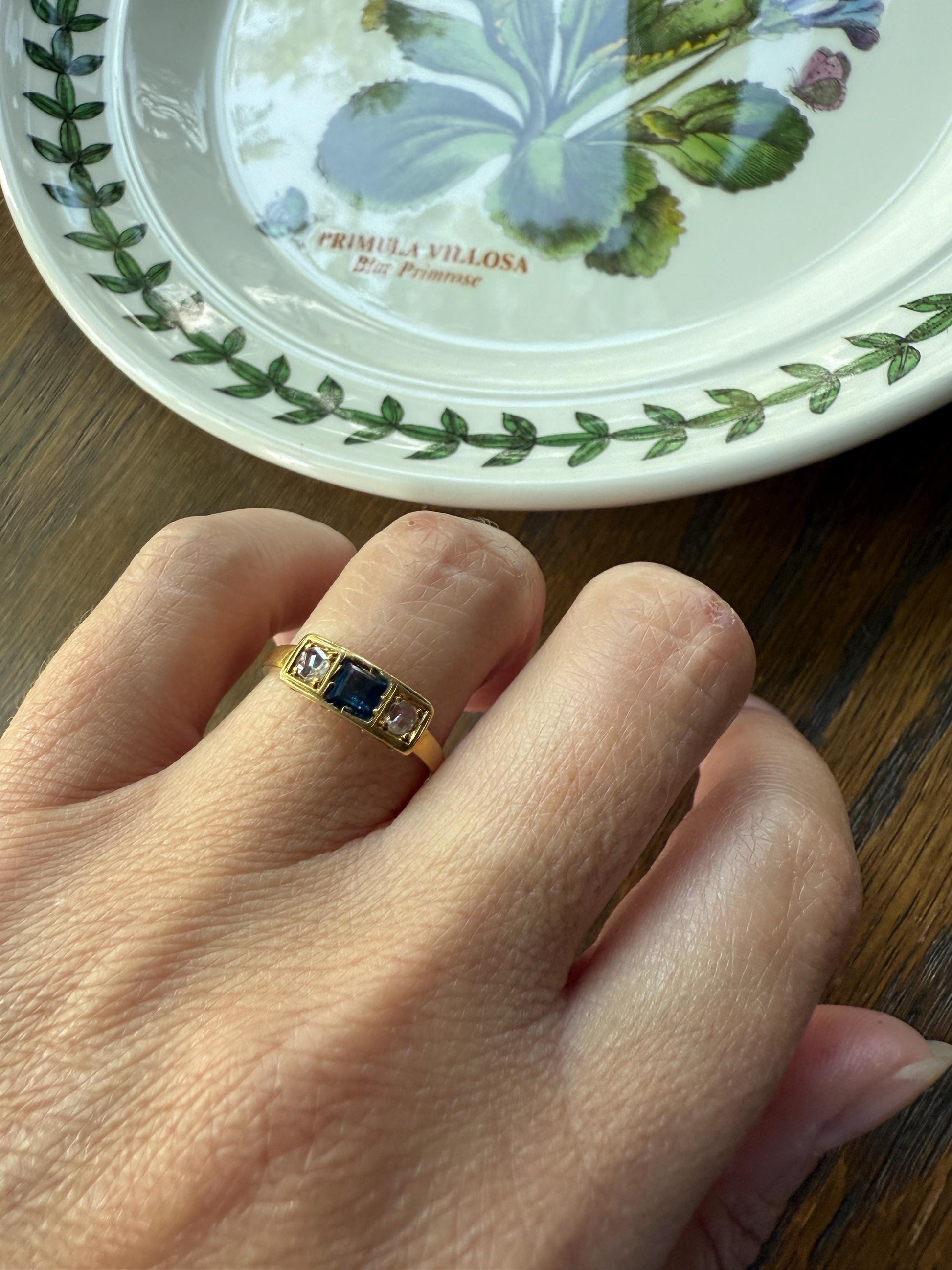 Antique Natural Sapphire Rose Cut Diamond Three Stone Ring Skinny Band 18k Gold Square Rectangle Geometric Stacker