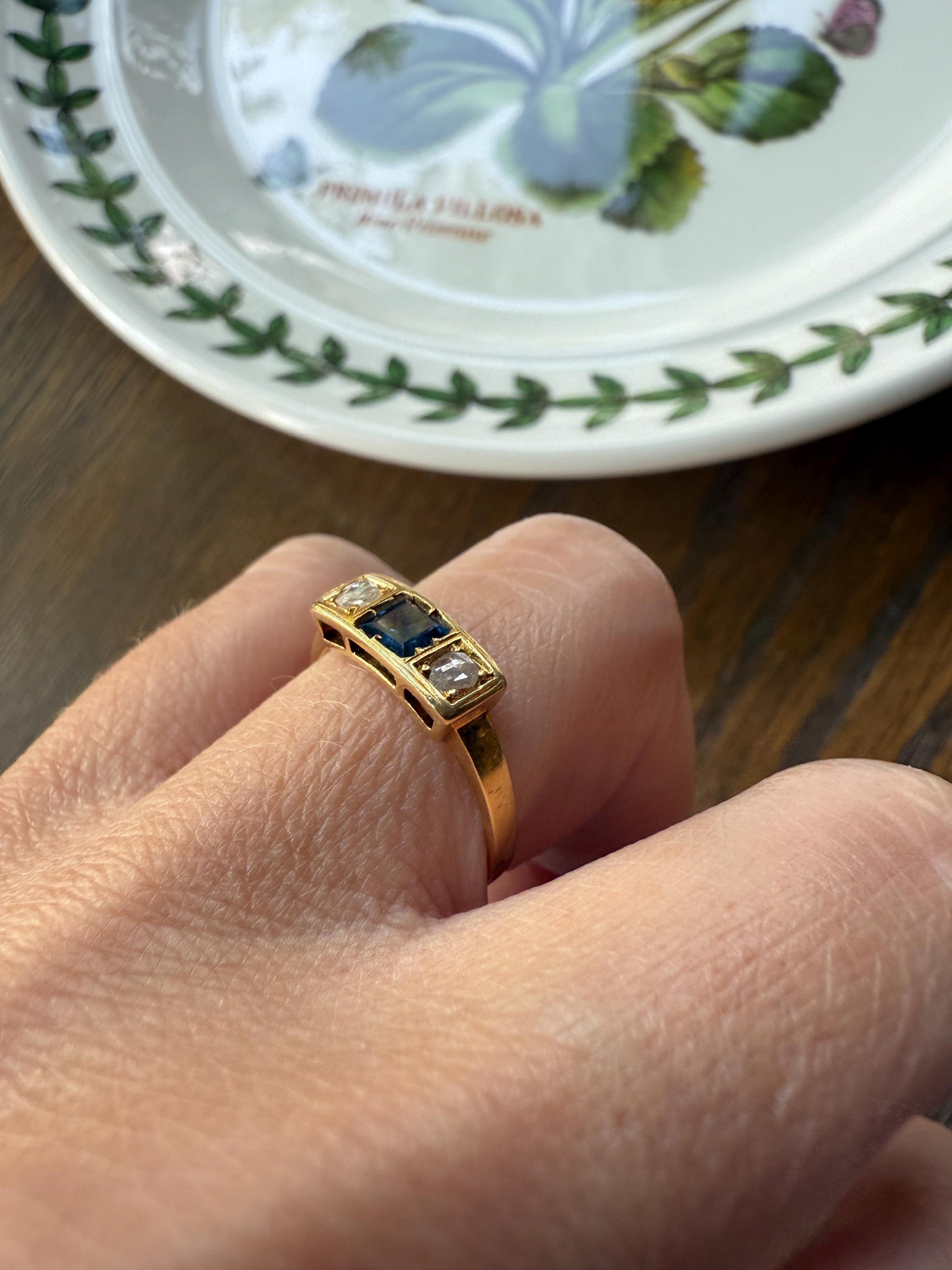 Antique Natural Sapphire Rose Cut Diamond Three Stone Ring Skinny Band 18k Gold Square Rectangle Geometric Stacker