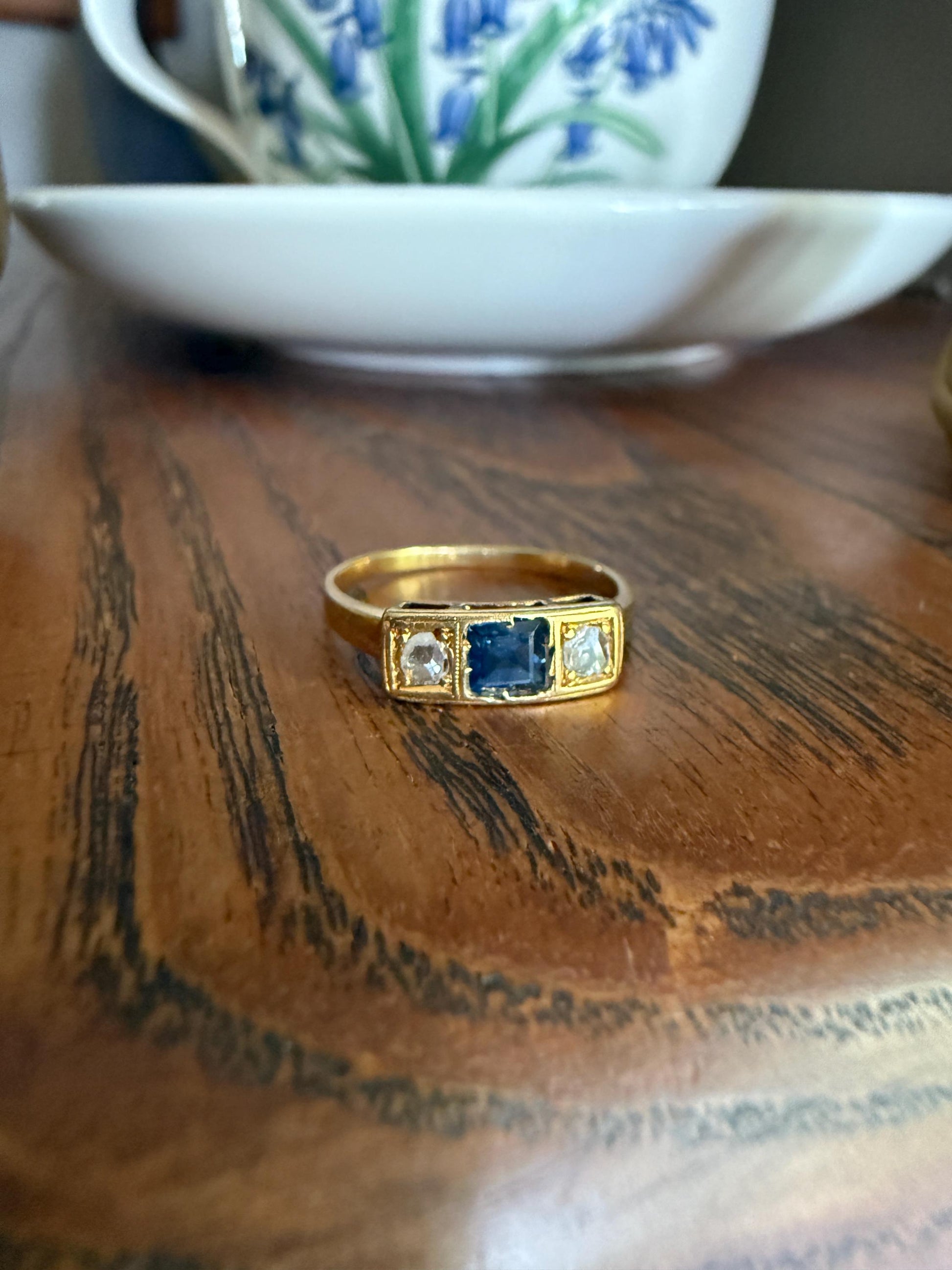 Antique Natural Sapphire Rose Cut Diamond Three Stone Ring Skinny Band 18k Gold Square Rectangle Geometric Stacker