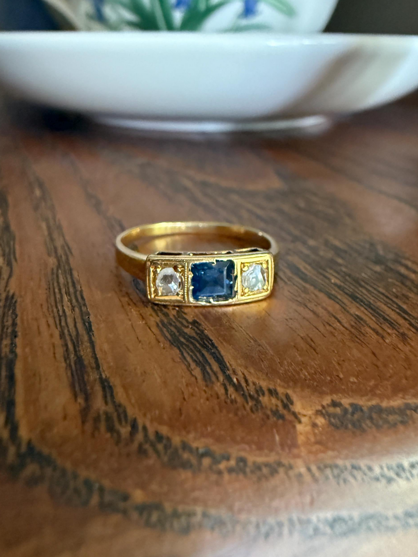 Antique Natural Sapphire Rose Cut Diamond Three Stone Ring Skinny Band 18k Gold Square Geometric Stacker