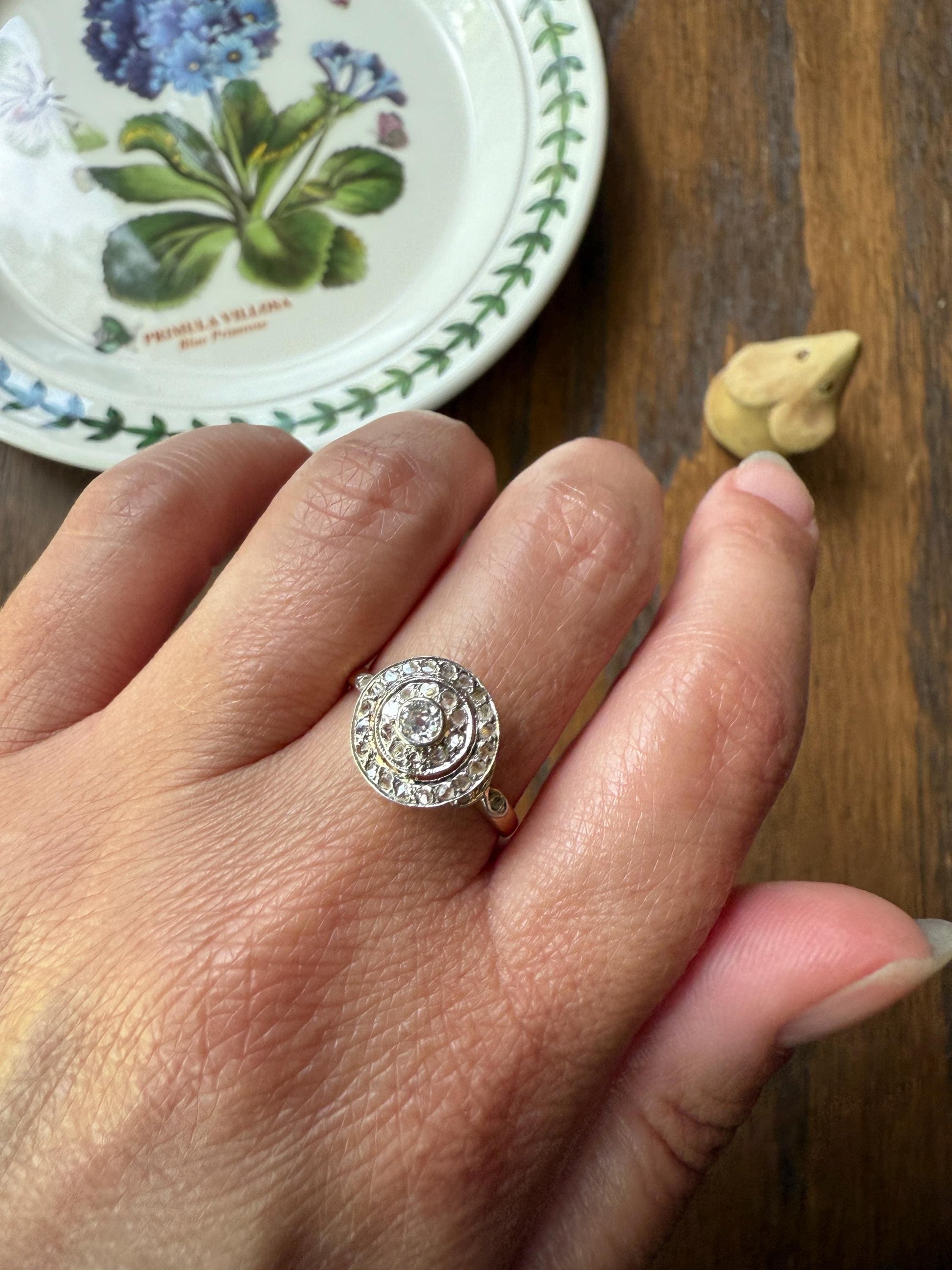 Tall Antique Rose Old Mine Cut DIAMOND Bullseye Target Halo Ring Geometric Stacker French Belle Epoque 18k Gold Platinum Bezel Set